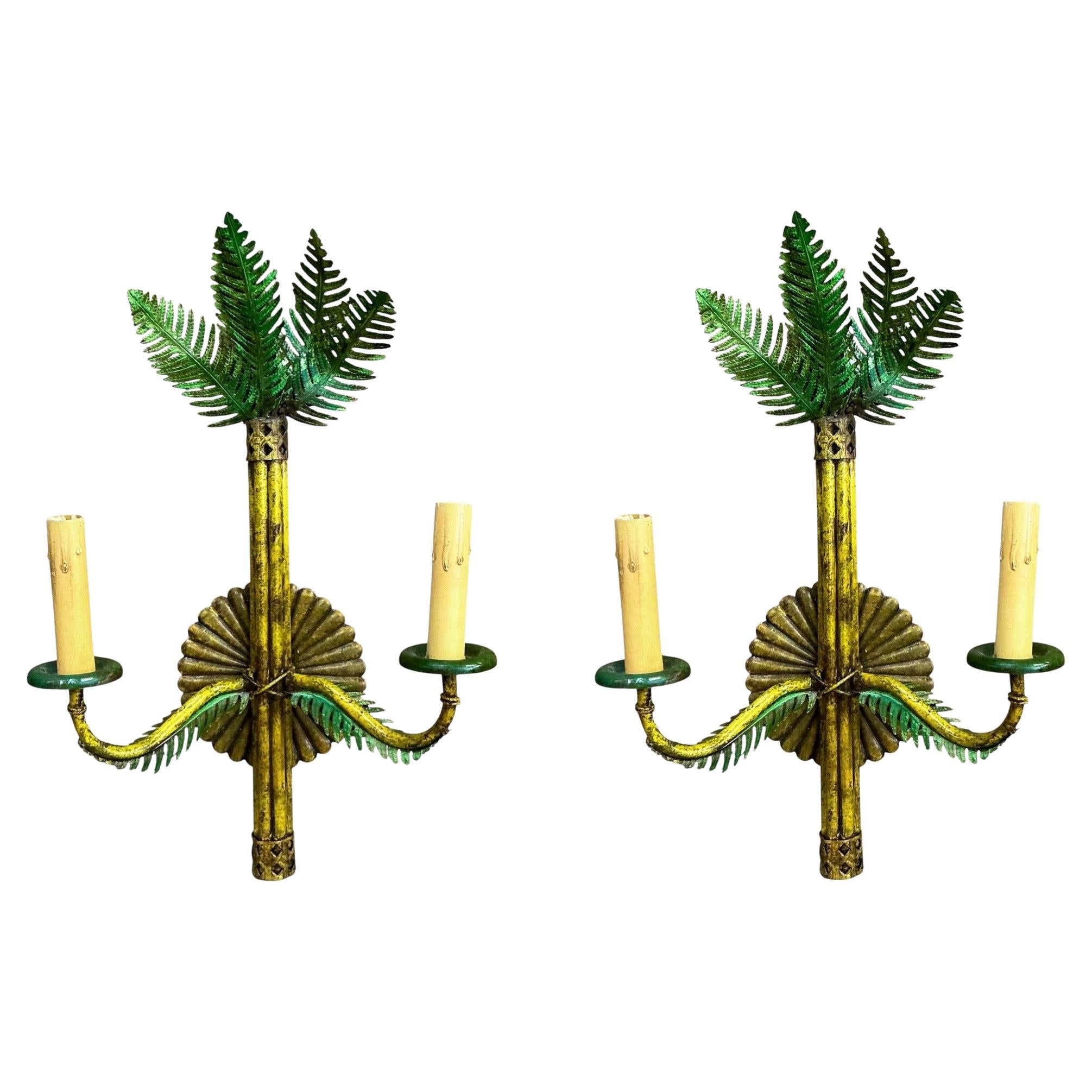 Mid-Century Hollywood Regency Italian Tole Metal Palm Tree Sconces - Pair For Sale