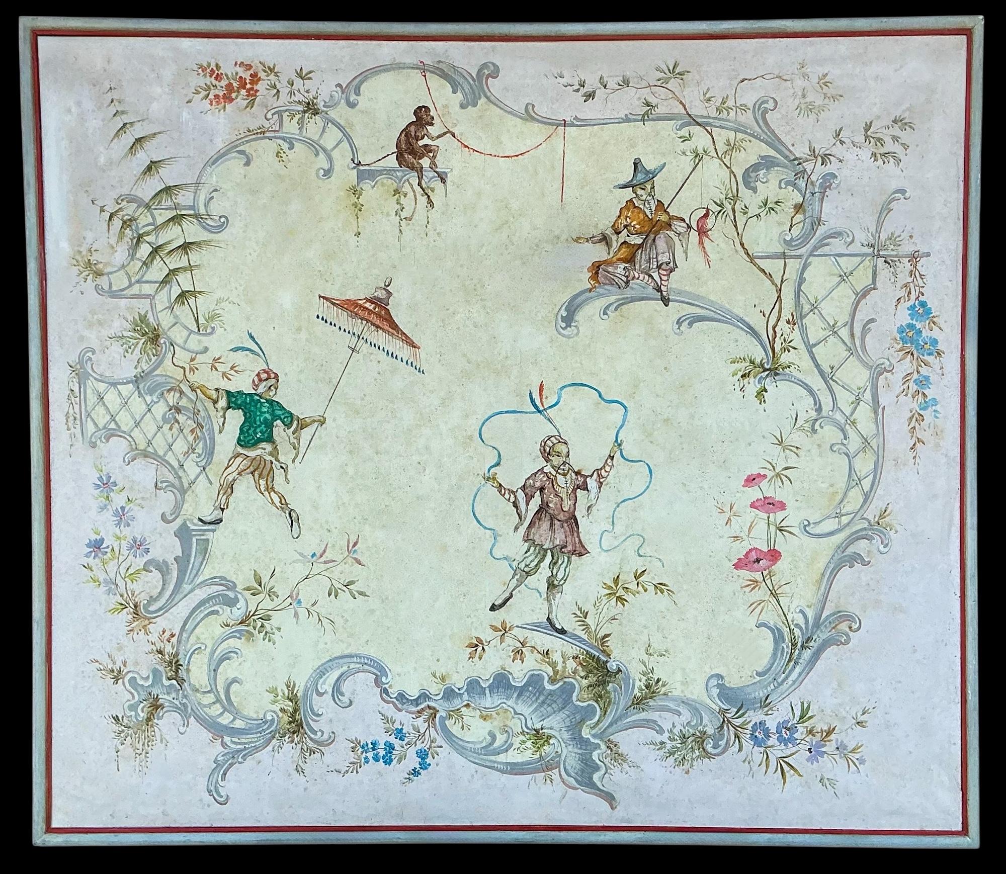 This is a Hollywood Regency Era large scale framed chinoiserie oil on canvas. It features both Asian and monkey figures handing and dancing on a hanging floral trellis. It is unsigned and has a general wear.

Advance notice for local pick up. 