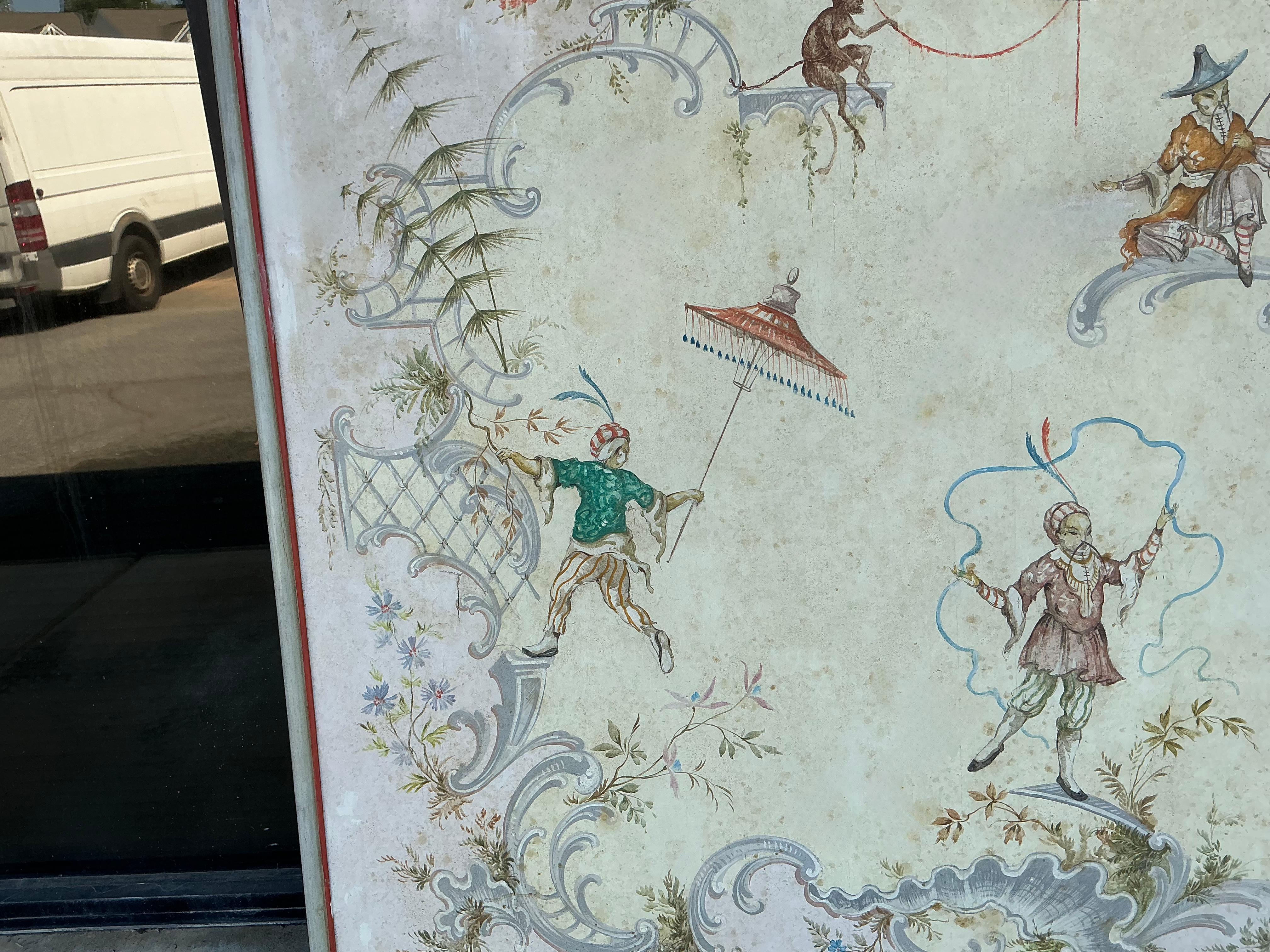 20th Century Mid-Century Hollywood Regency Large Italian Chinoiserie Framed Oil On Canvas For Sale