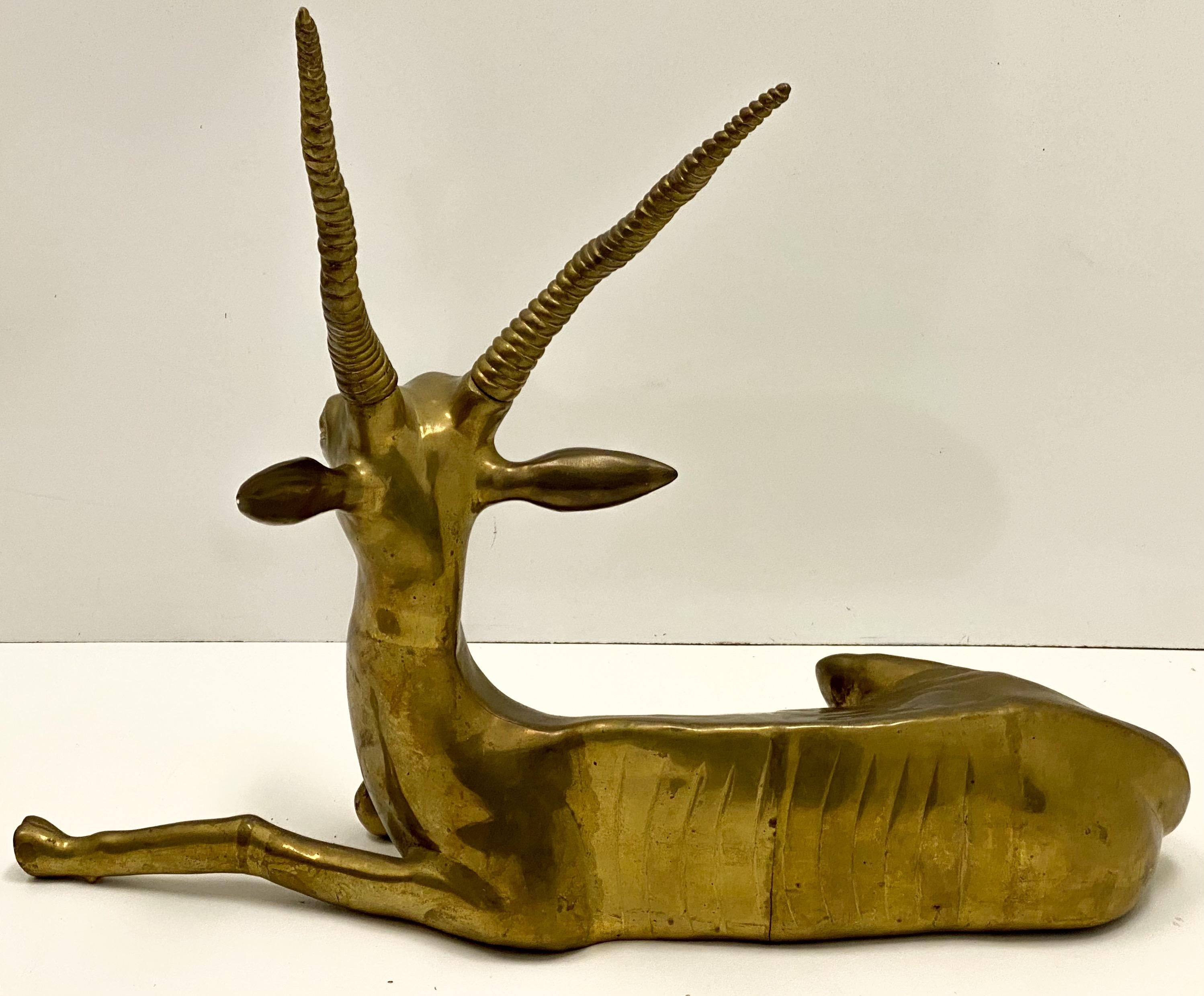 Midcentury Hollywood Regency Large Scale Italian Brass Gazelle Figurine In Good Condition In Kennesaw, GA