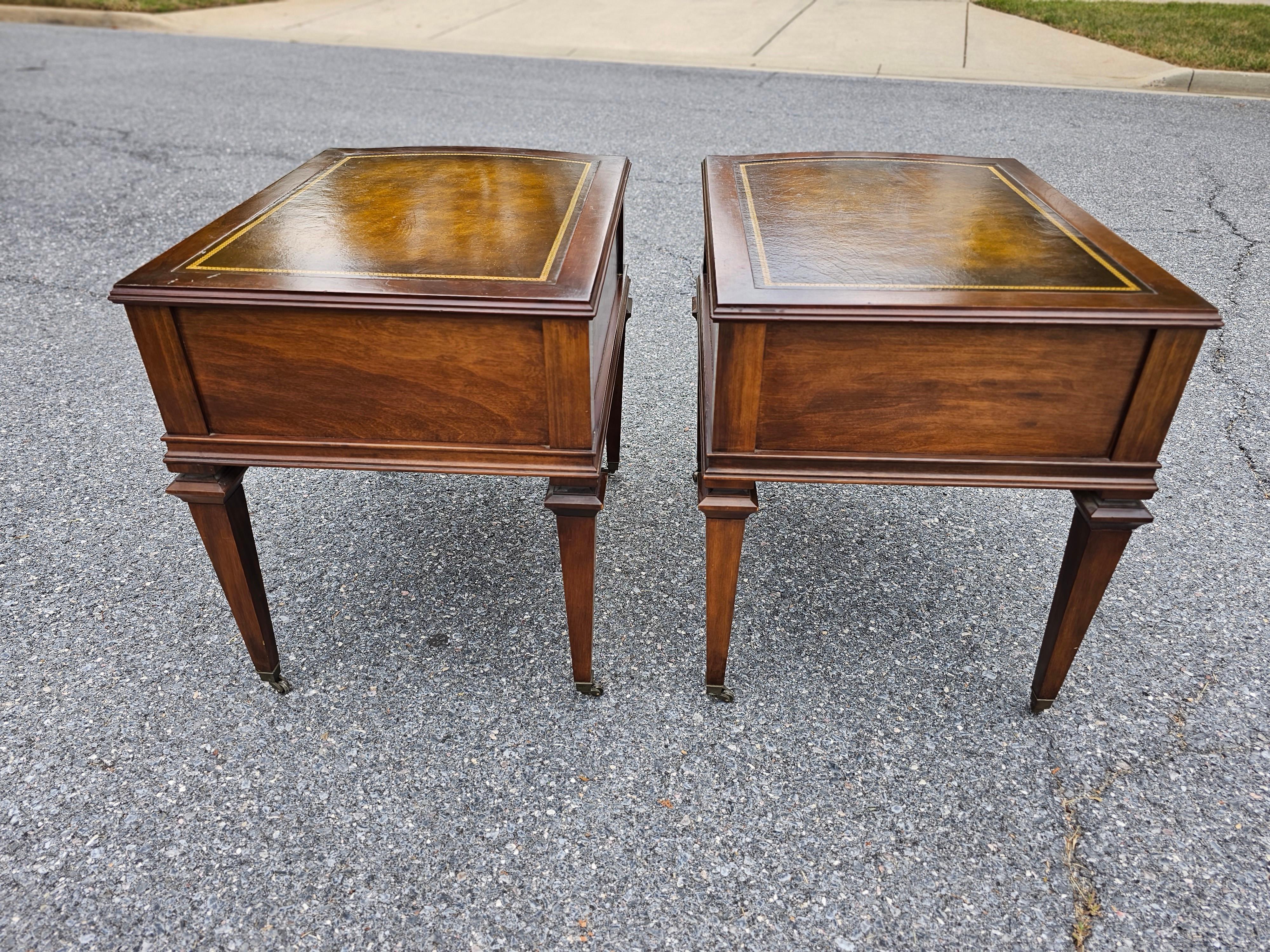 American Mid-Century Hollywood Regency Mahogany and Tooled Leather Top Side Tables, Pair For Sale