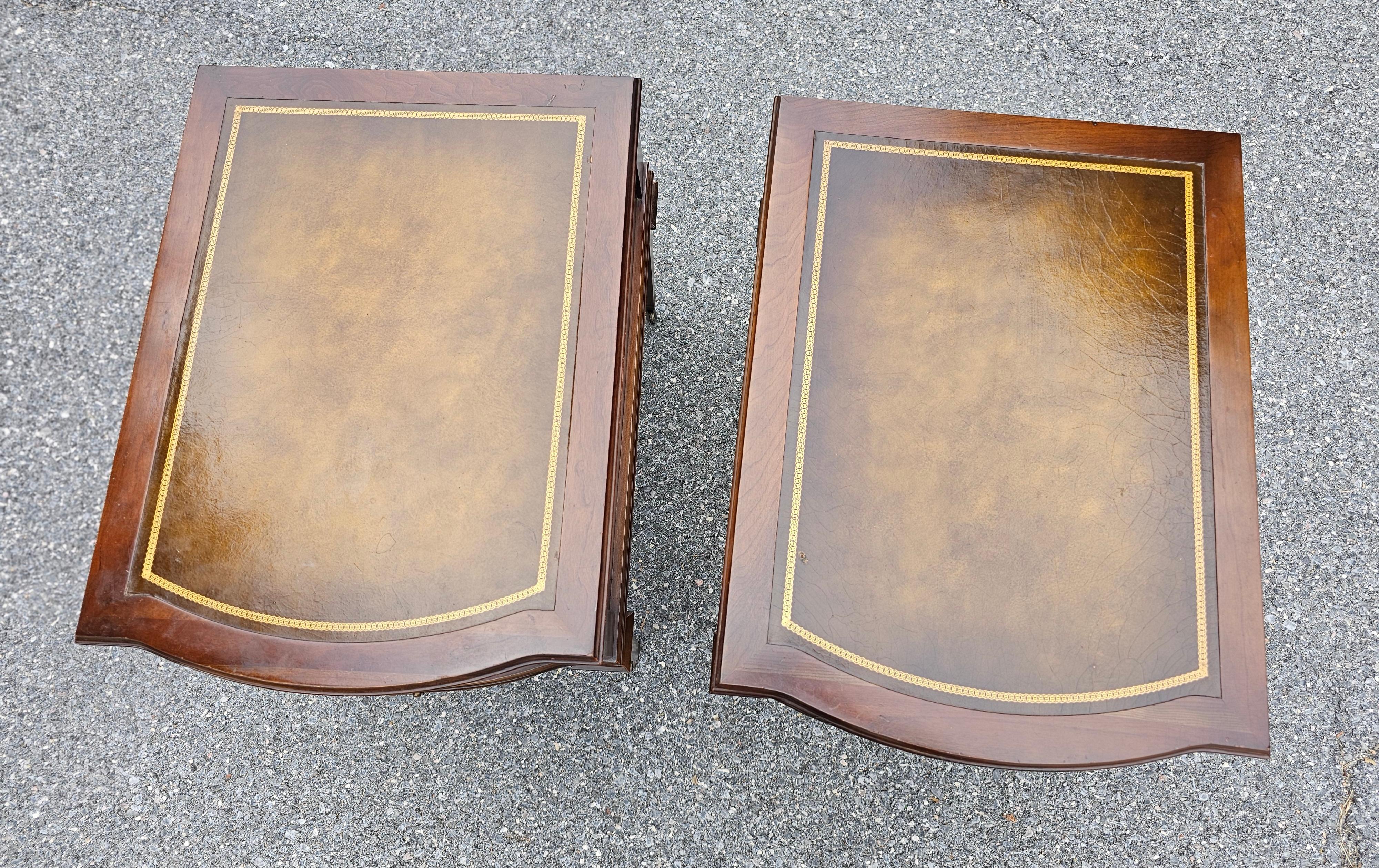 Mid-Century Hollywood Regency Mahogany and Tooled Leather Top Side Tables, Pair In Good Condition For Sale In Germantown, MD