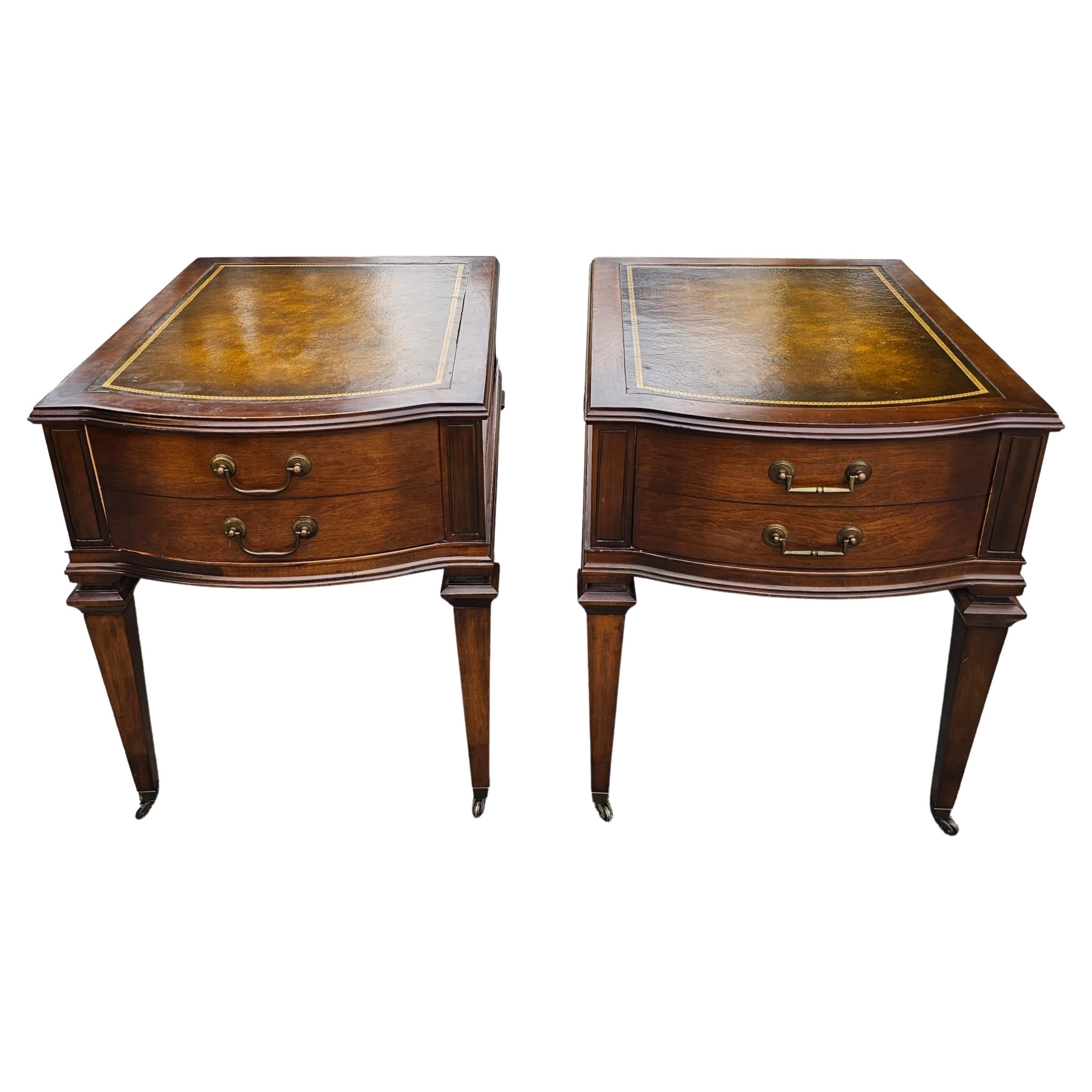 Mid-Century Hollywood Regency Mahogany and Tooled Leather Top Side Tables, Pair For Sale
