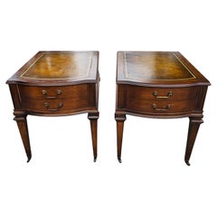 Vintage Mid-Century Hollywood Regency Mahogany and Tooled Leather Top Side Tables, Pair