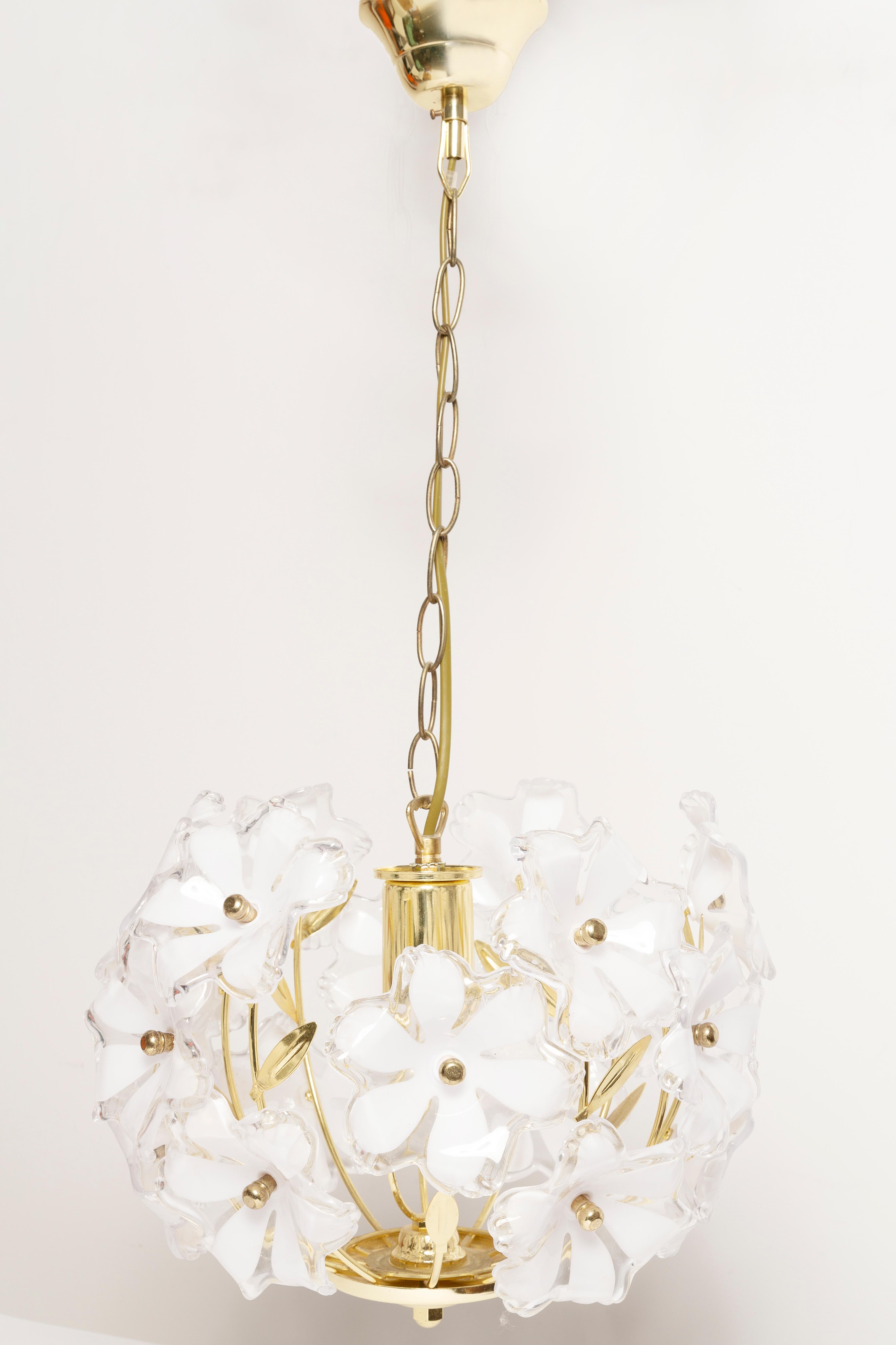 Italian Mid Century, Hollywood Regency Medium Ceiling Lamp, White Flowers, Italy, 1960s For Sale