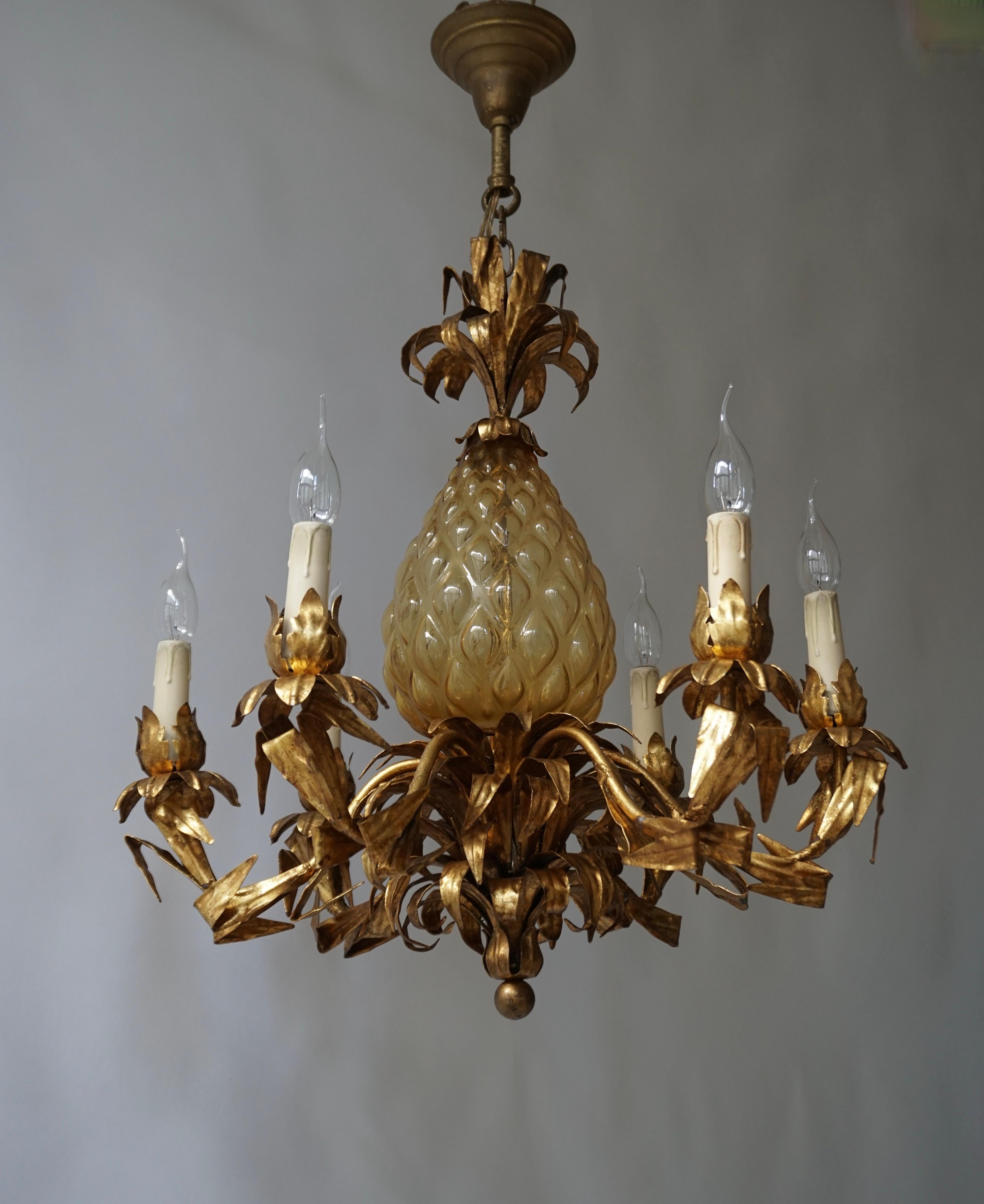 Midcentury Hollywood Regency Murano Glass Pineapple Chandelier For Sale 1