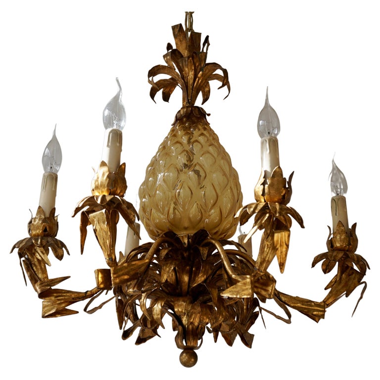 Midcentury Hollywood Regency Murano Glass Pineapple Chandelier For