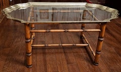Mid-Century Hollywood Regency Oak Faux Bamboo Brass & Glass Tray Coffee Table