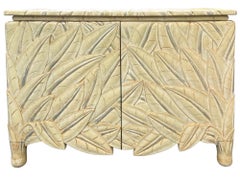 Mid-Century Hollywood Regency Organic Modern Carved Palm Cabinets / Chests Pair