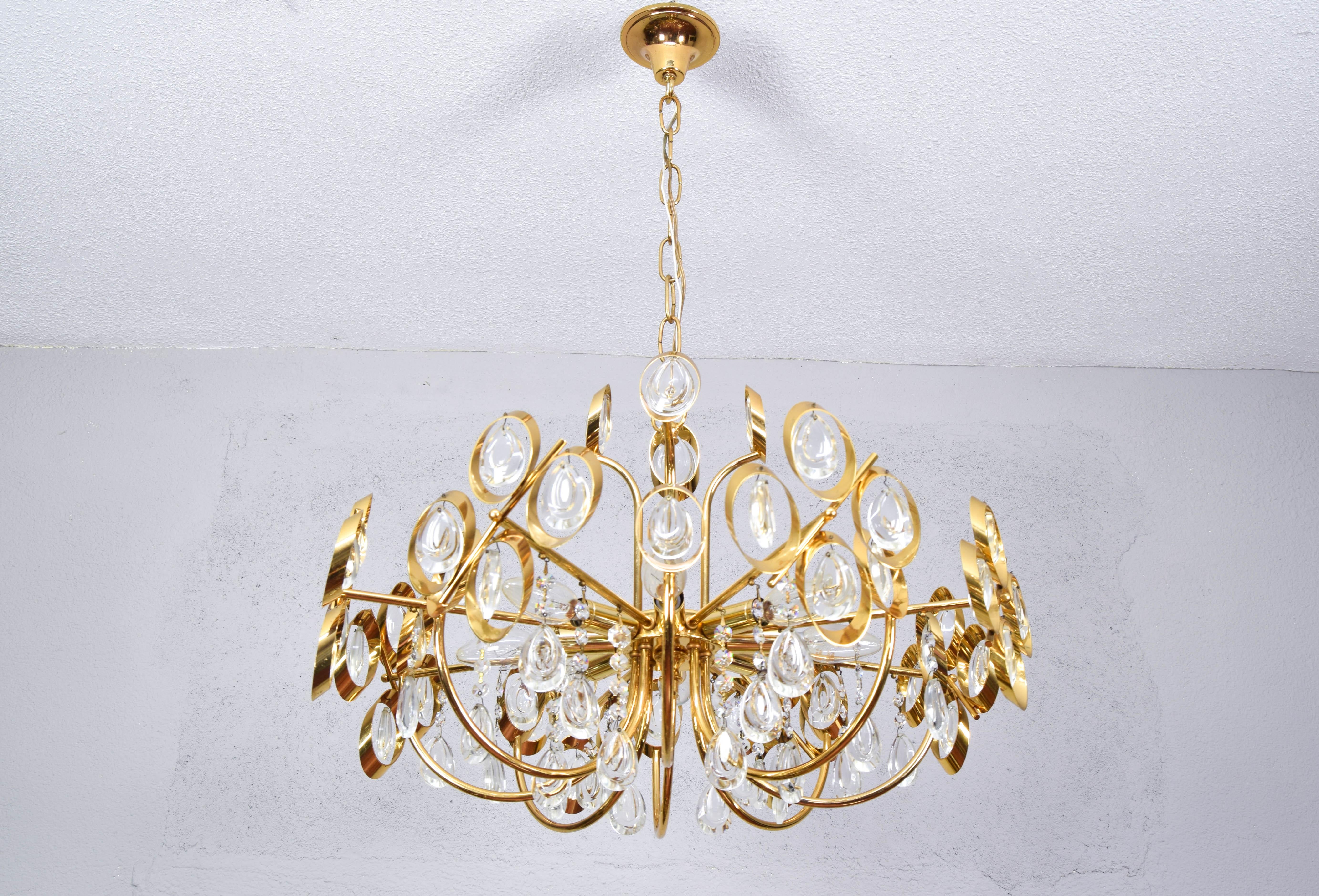 Mid-20th Century Mid Century Hollywood Regency Palwa Gilt Brass and Crystal Chandelier For Sale