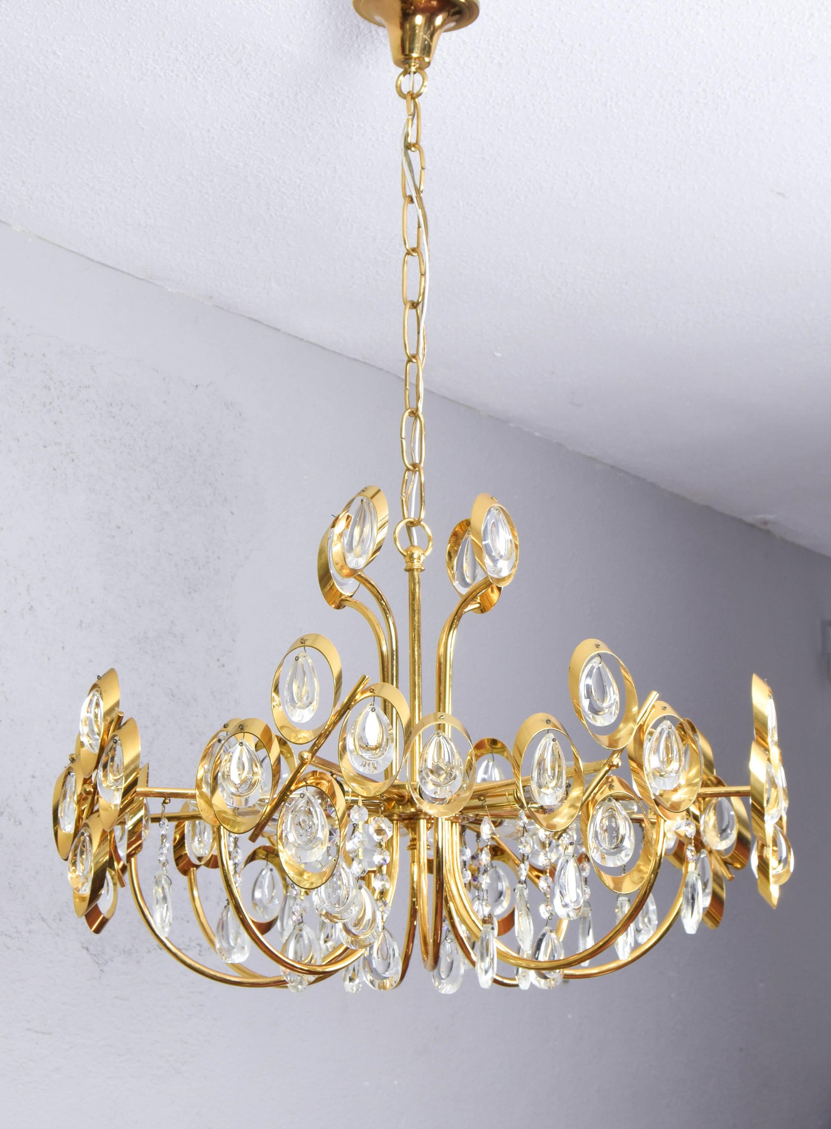 Mid Century Hollywood Regency Palwa Gilt Brass and Crystal Chandelier For Sale 1