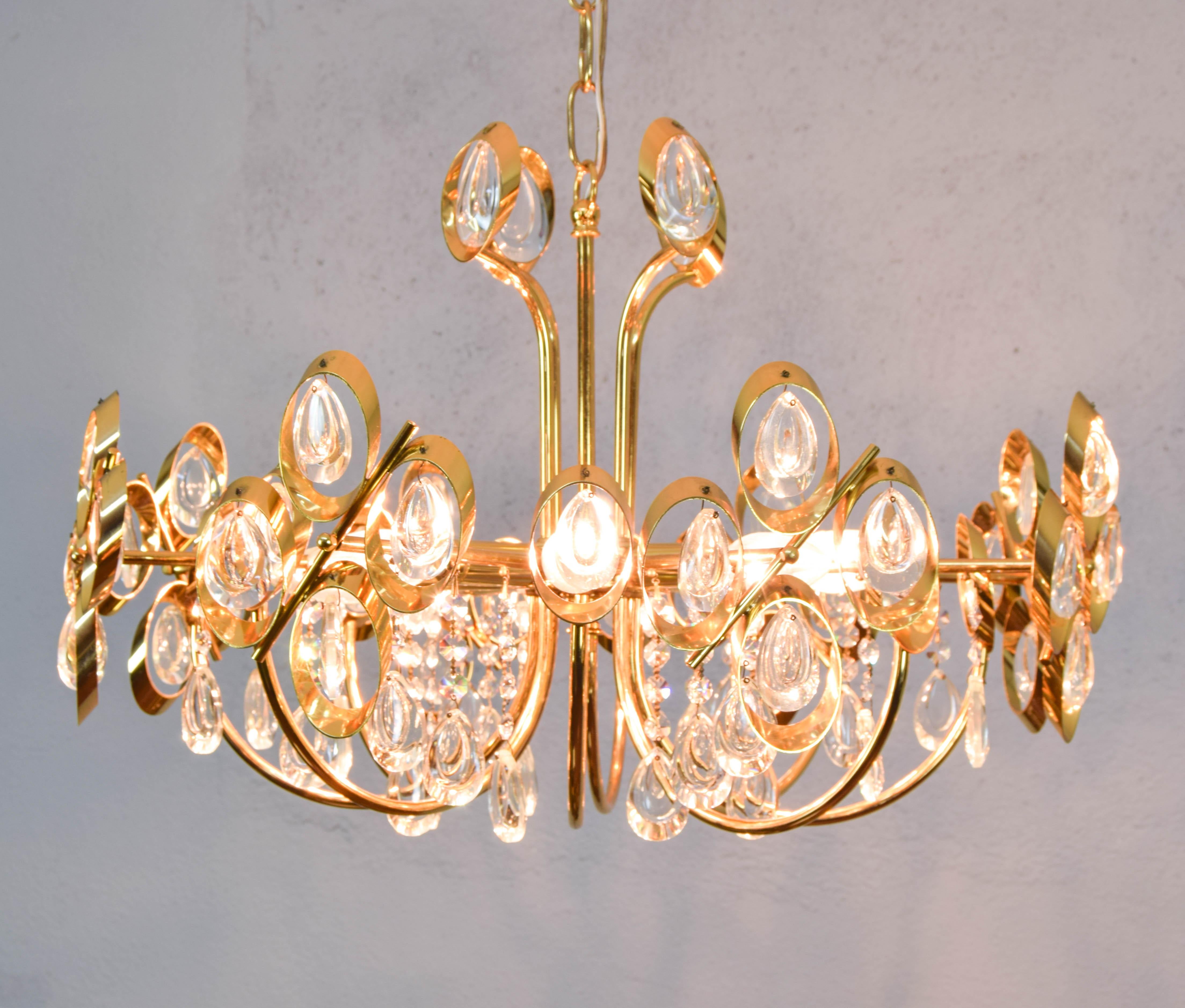 Mid Century Hollywood Regency Palwa Gilt Brass and Crystal Chandelier For Sale 2