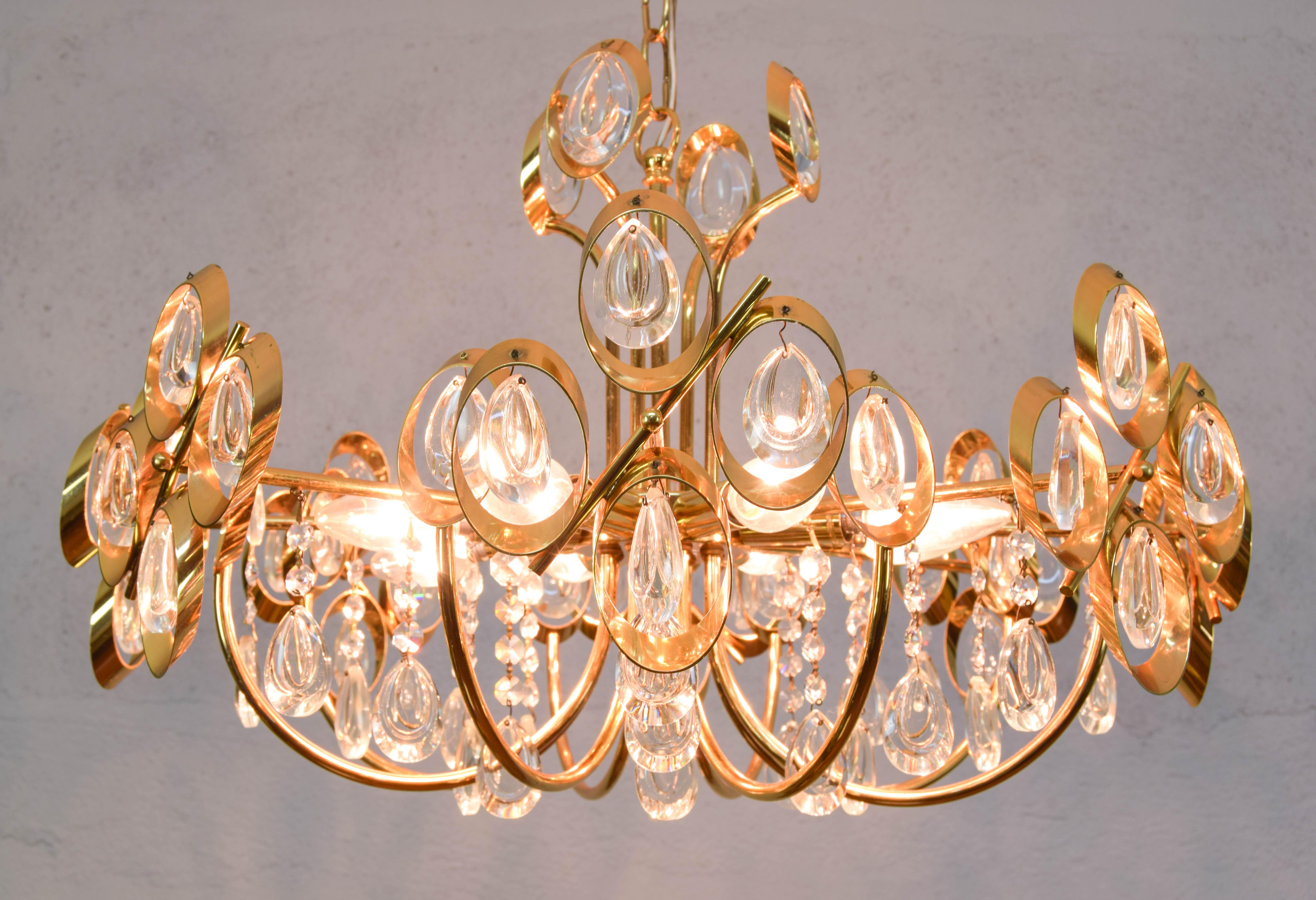 Mid Century Hollywood Regency Palwa Gilt Brass and Crystal Chandelier For Sale 3