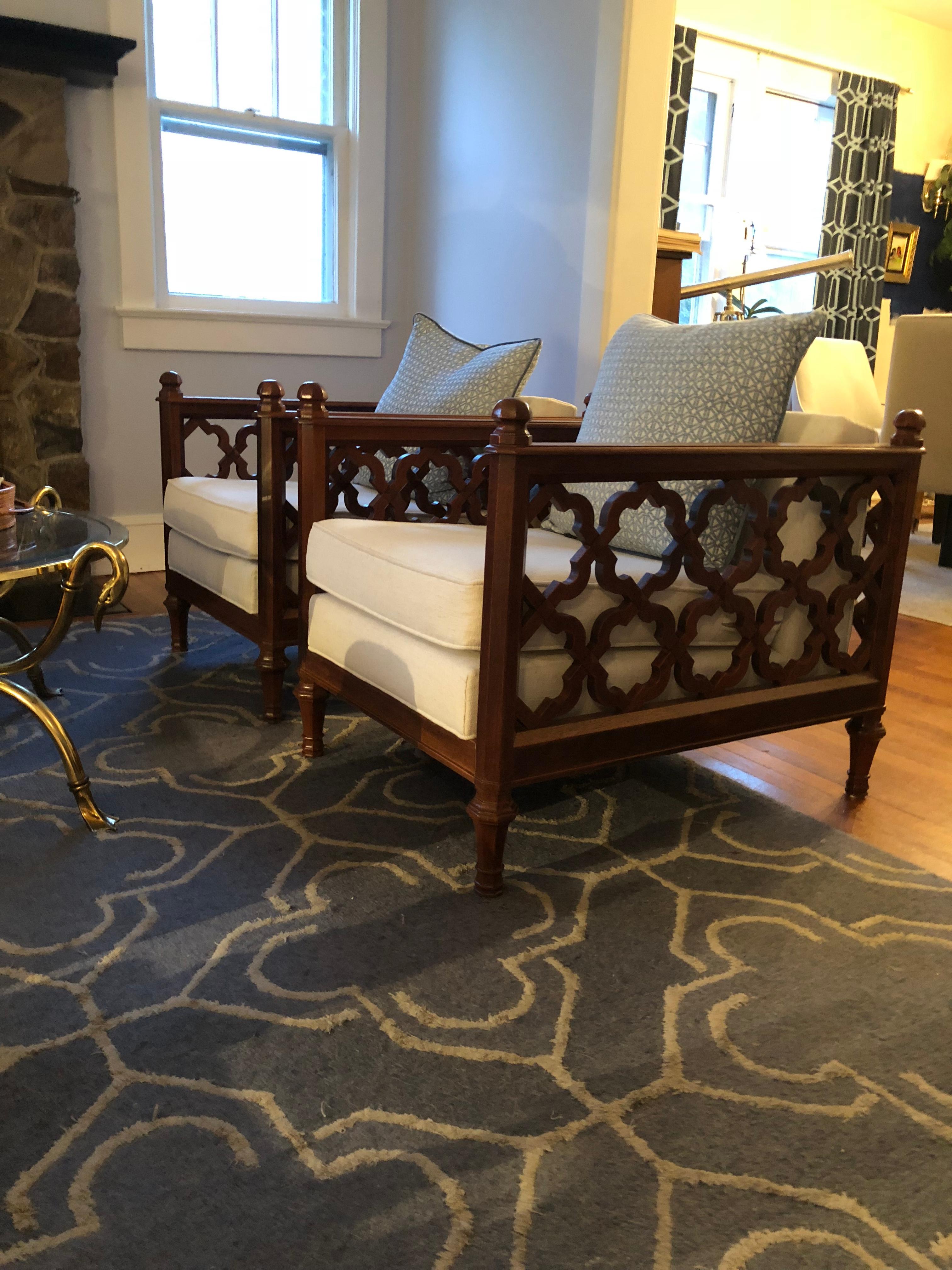 STUNNINGLY beautiful Club Chairs. Wood Lattice design, professionally restored. Solid and sturdy with no loose joinery.

Very RARE Ricardo Lynn, Taiwan. Box design with lattice sides and back. Wonderful subtle gothic knobs at each corner. Back