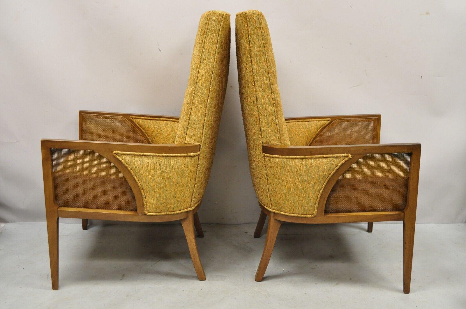 Caning Mid Century Hollywood Regency Sculpted Wood Cane Panel Lounge Chairs - a Pair For Sale