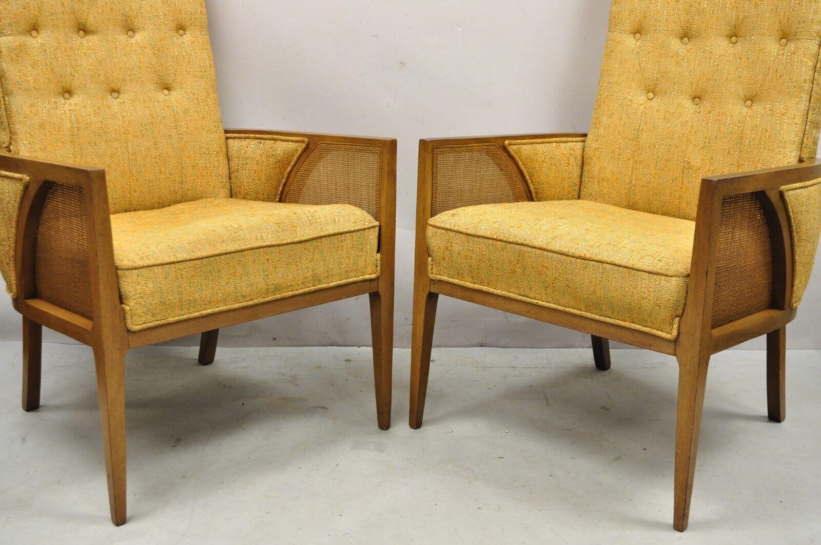 Mid Century Hollywood Regency Sculpted Wood Cane Panel Lounge Chairs - a Pair In Good Condition For Sale In Philadelphia, PA