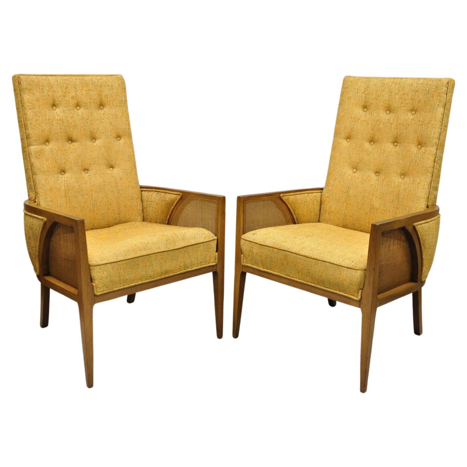 Mid Century Hollywood Regency Sculpted Wood Cane Panel Lounge Chairs - a Pair