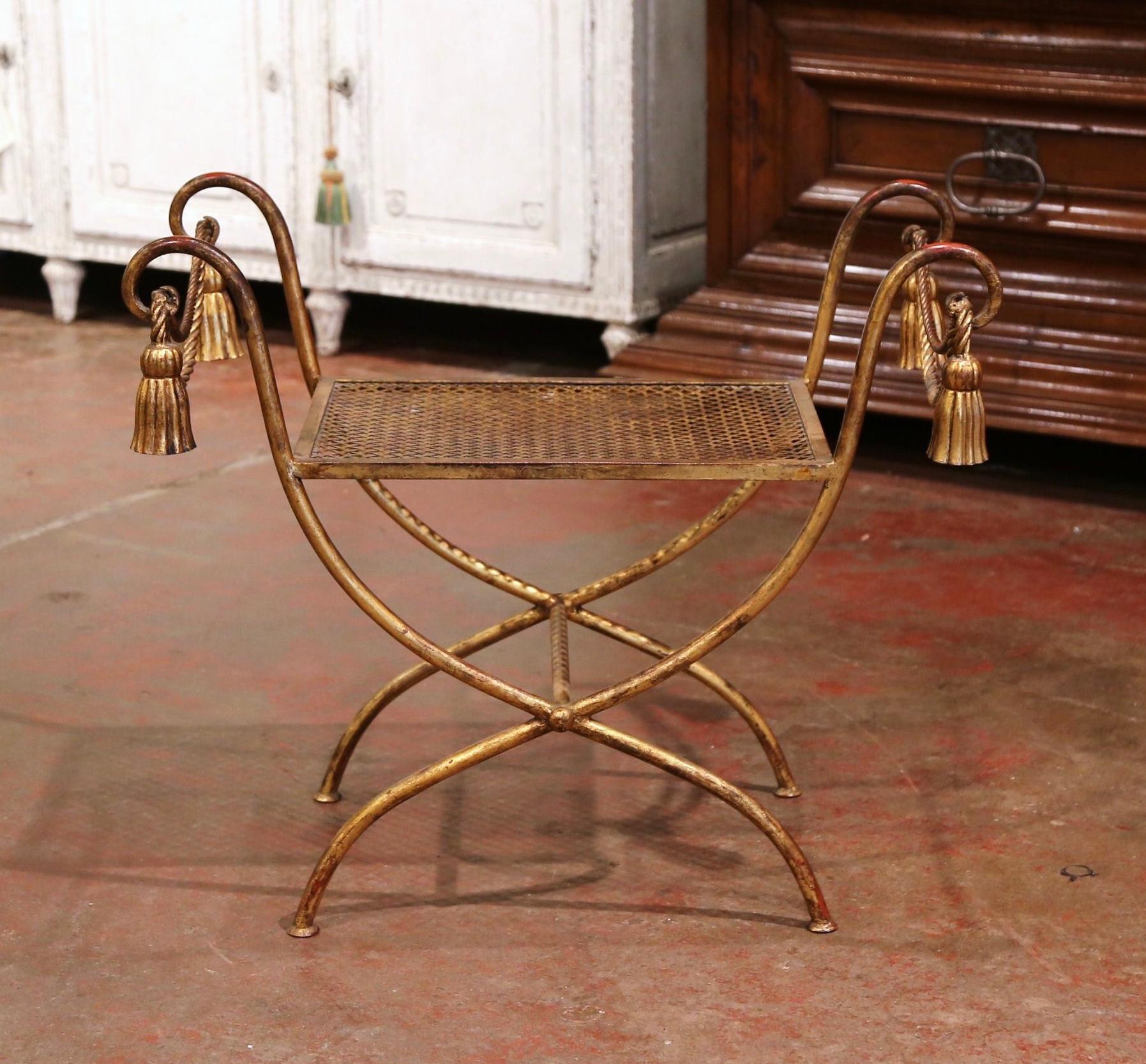 French Midcentury Hollywood Regency Style Gilt Painted Metal Curule Form Bench