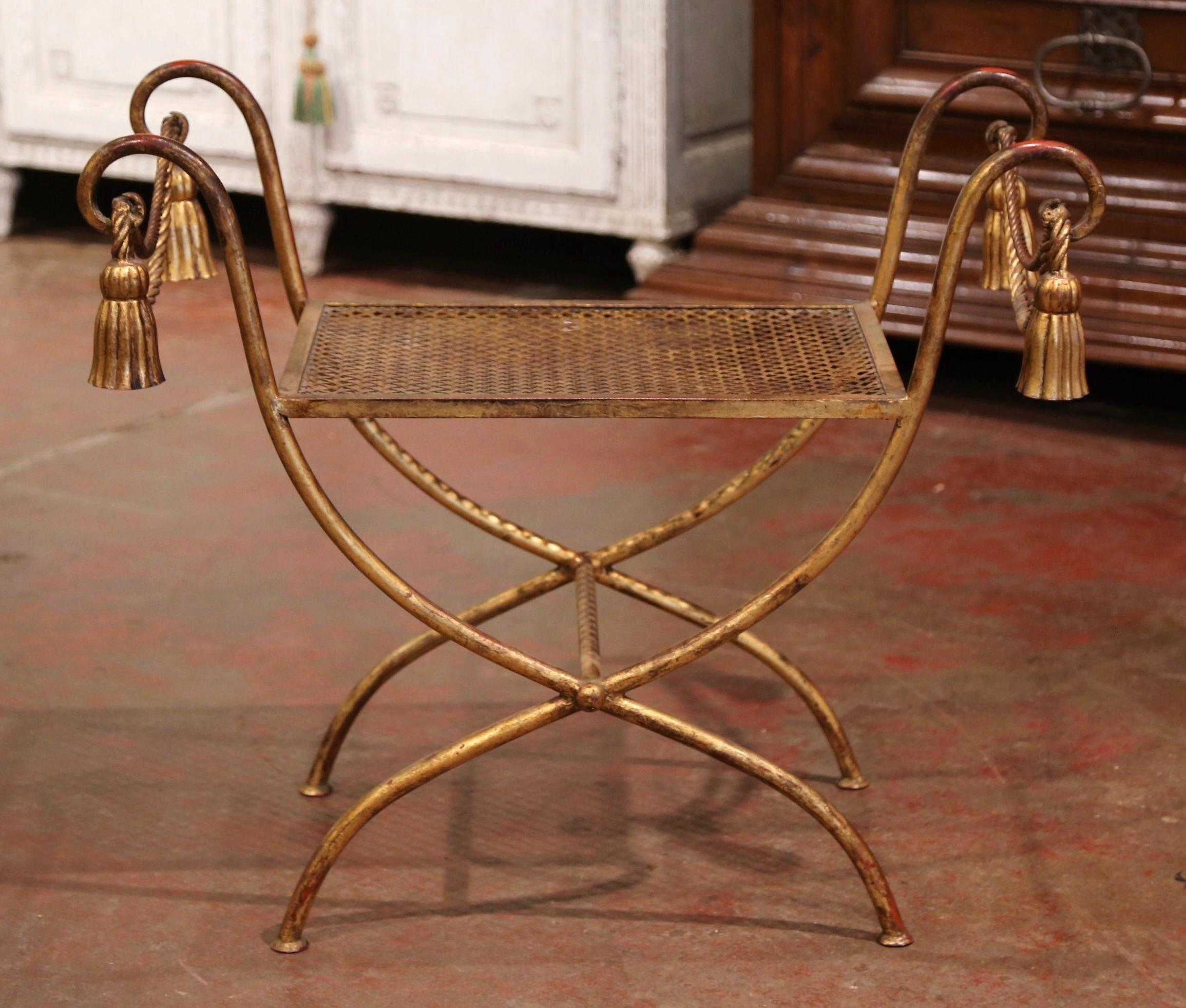 Iron Midcentury Hollywood Regency Style Gilt Painted Metal Curule Form Bench