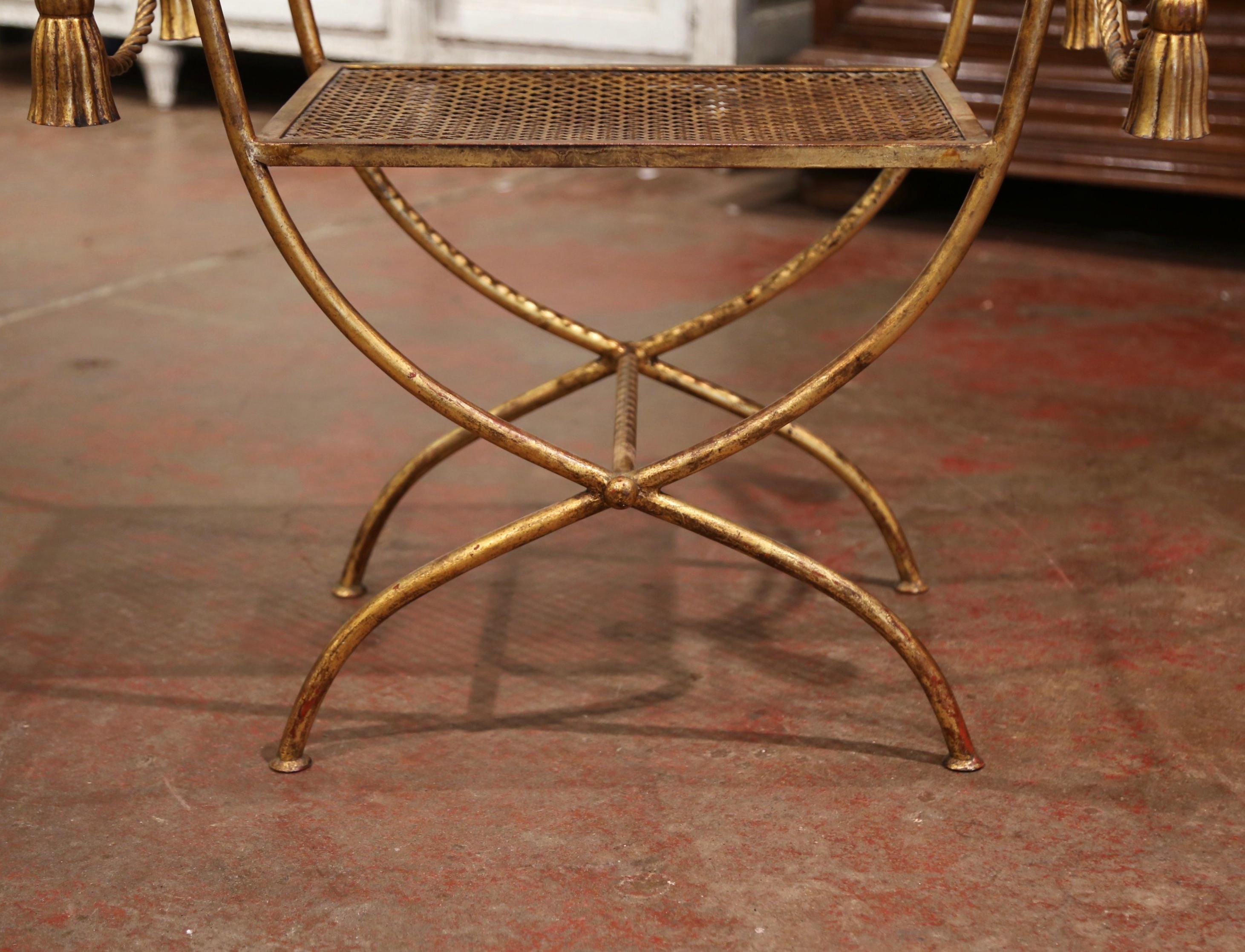 Midcentury Hollywood Regency Style Gilt Painted Metal Curule Form Bench 2