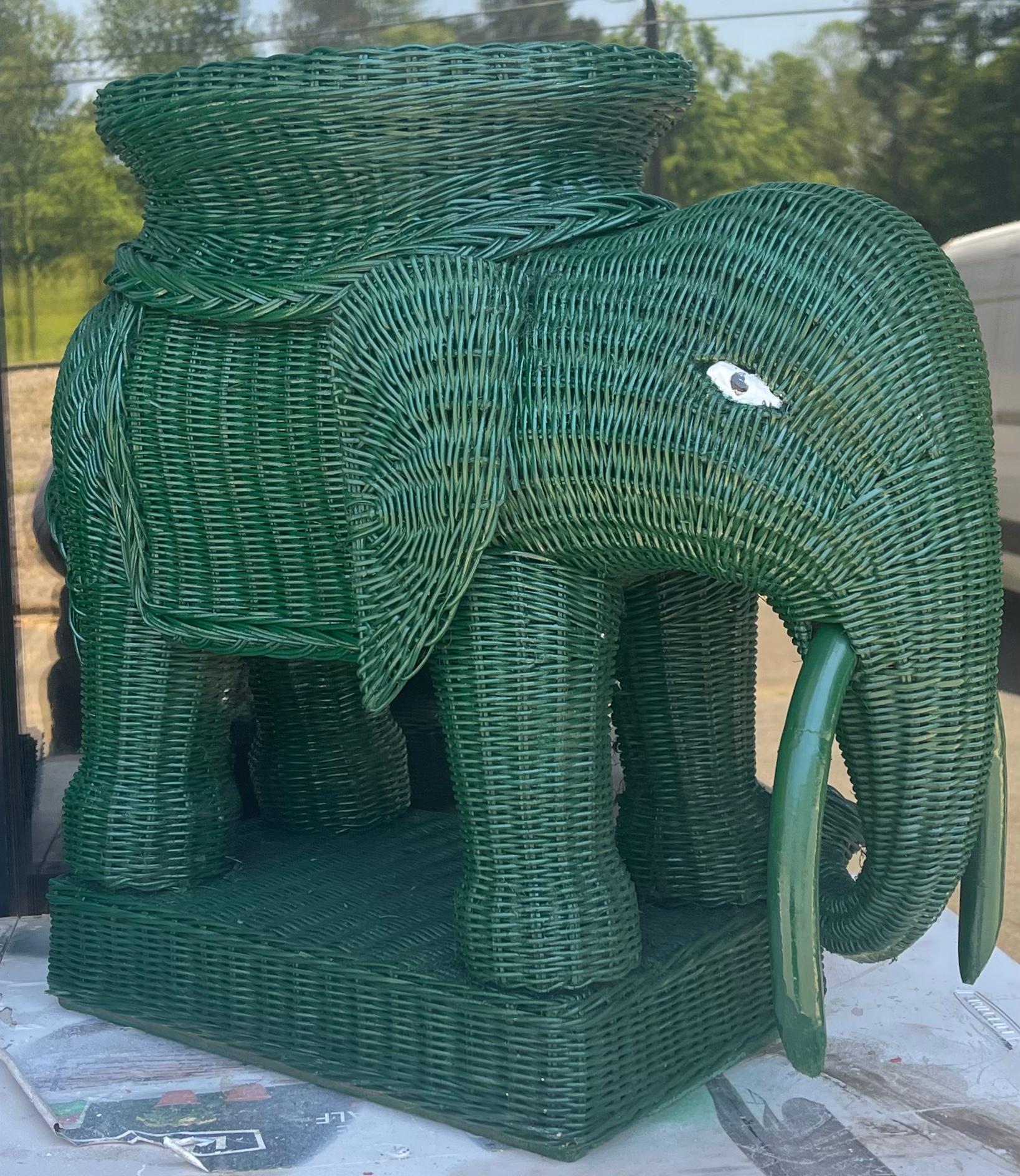 Mid-Century Hollywood Regency Style Green Wicker Elephant Garden Stools or Side 4