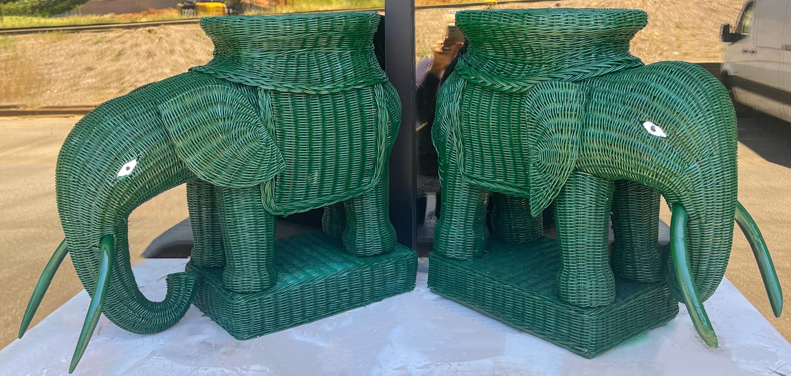 This is a fun pair of Hollywood Regency style green wicker garden elephant for side tables or stools. Please note the head differences. They came to me together, but there is a slight variation.