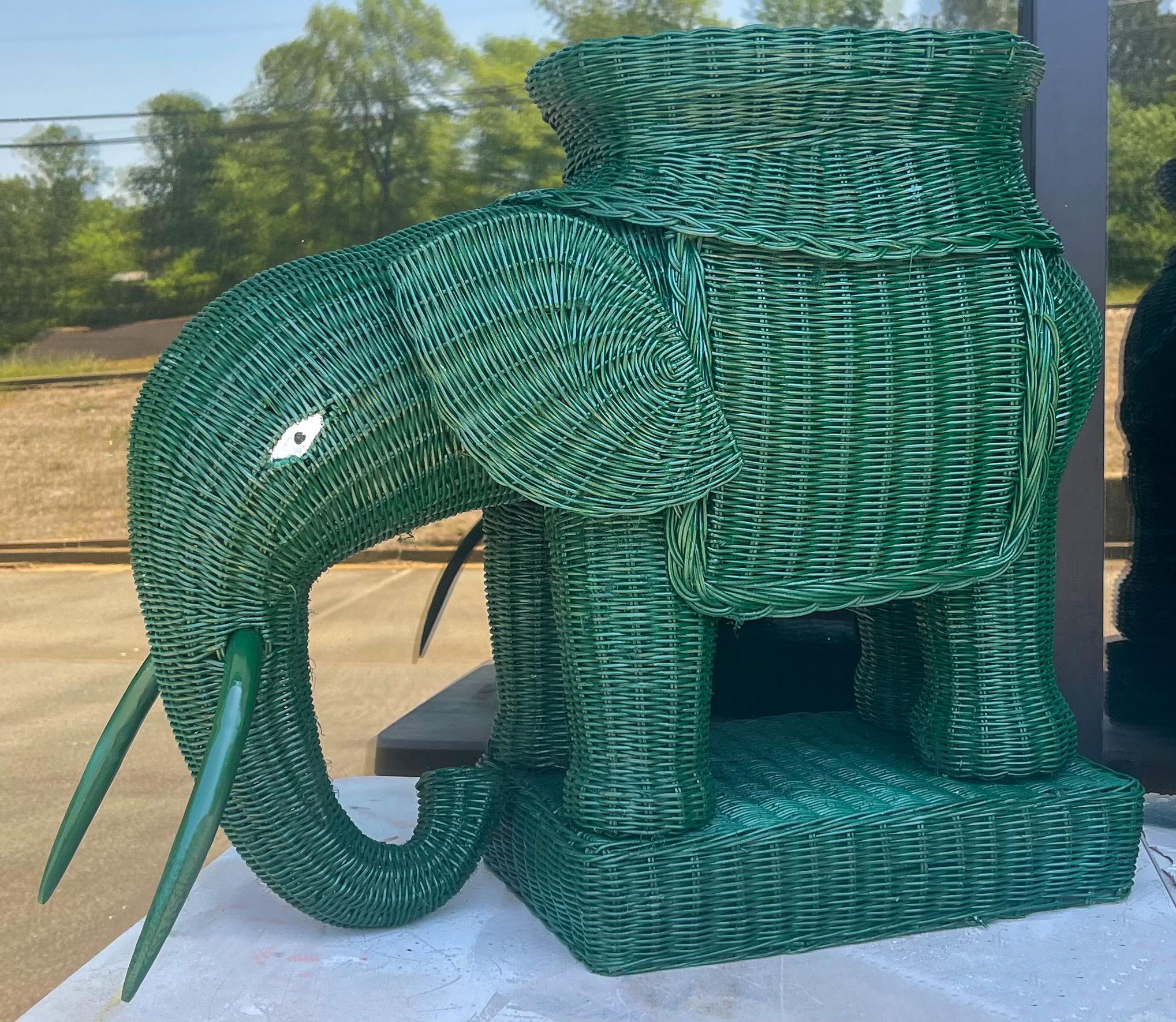 Asian Mid-Century Hollywood Regency Style Green Wicker Elephant Garden Stools or Side