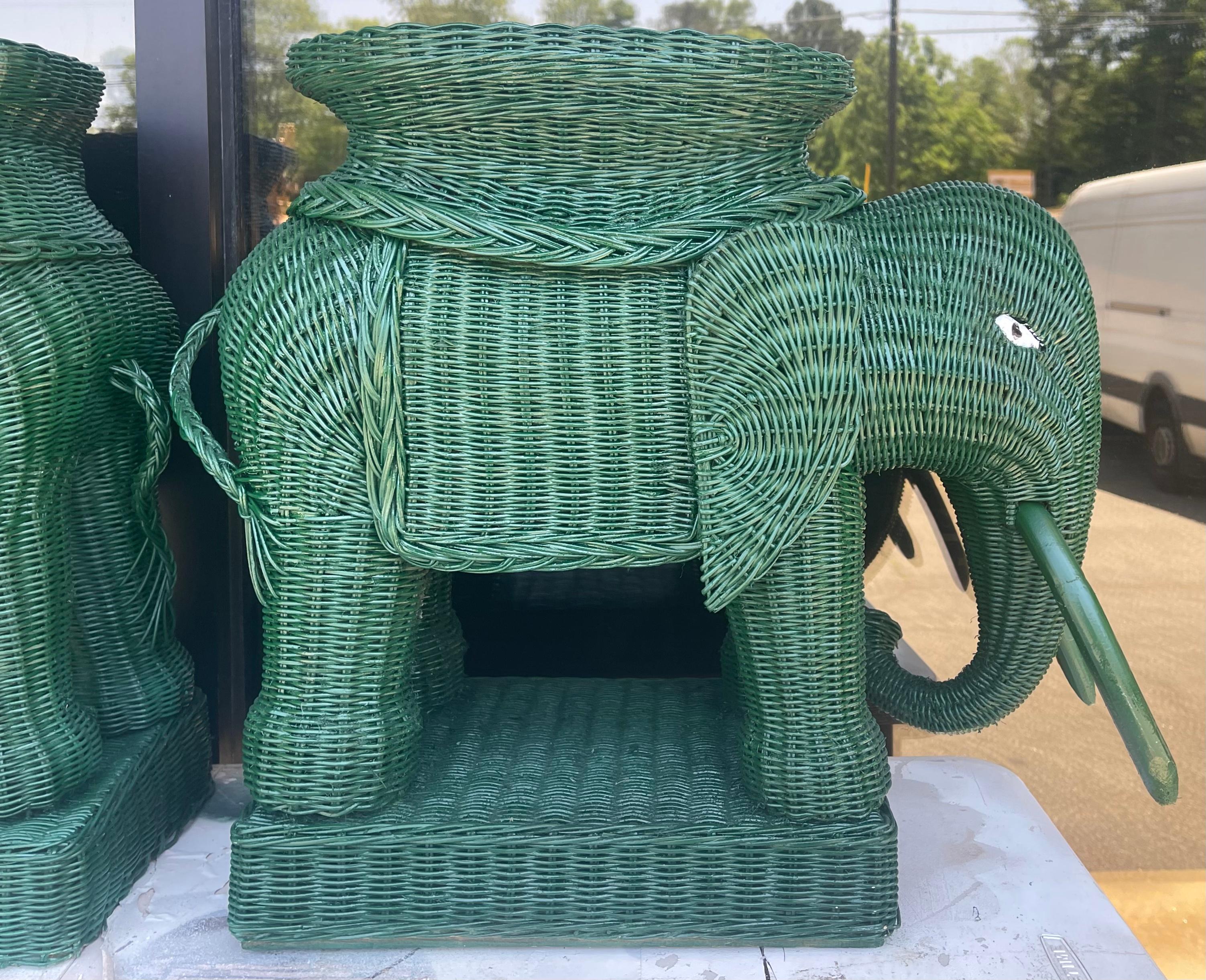 Mid-Century Hollywood Regency Style Green Wicker Elephant Garden Stools or Side 1