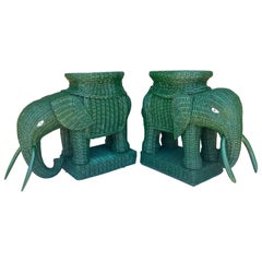 Mid-Century Hollywood Regency Style Green Wicker Elephant Garden Stools or Side
