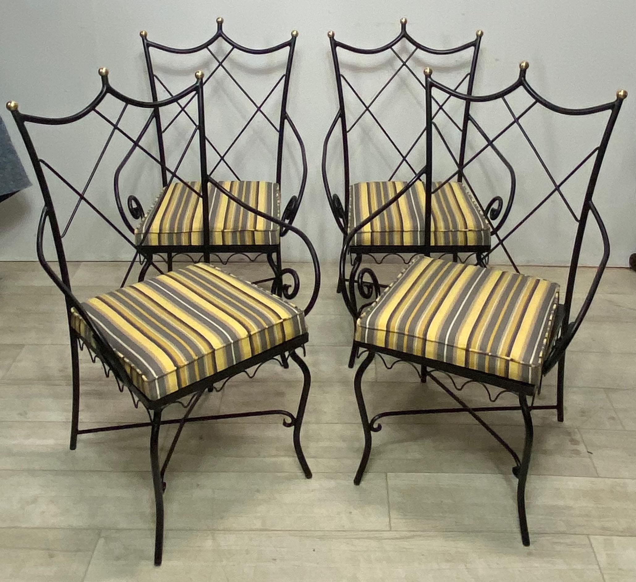 American Mid Century Hollywood Regency Style Iron and Brass Patio Chairs, Set of 4 For Sale