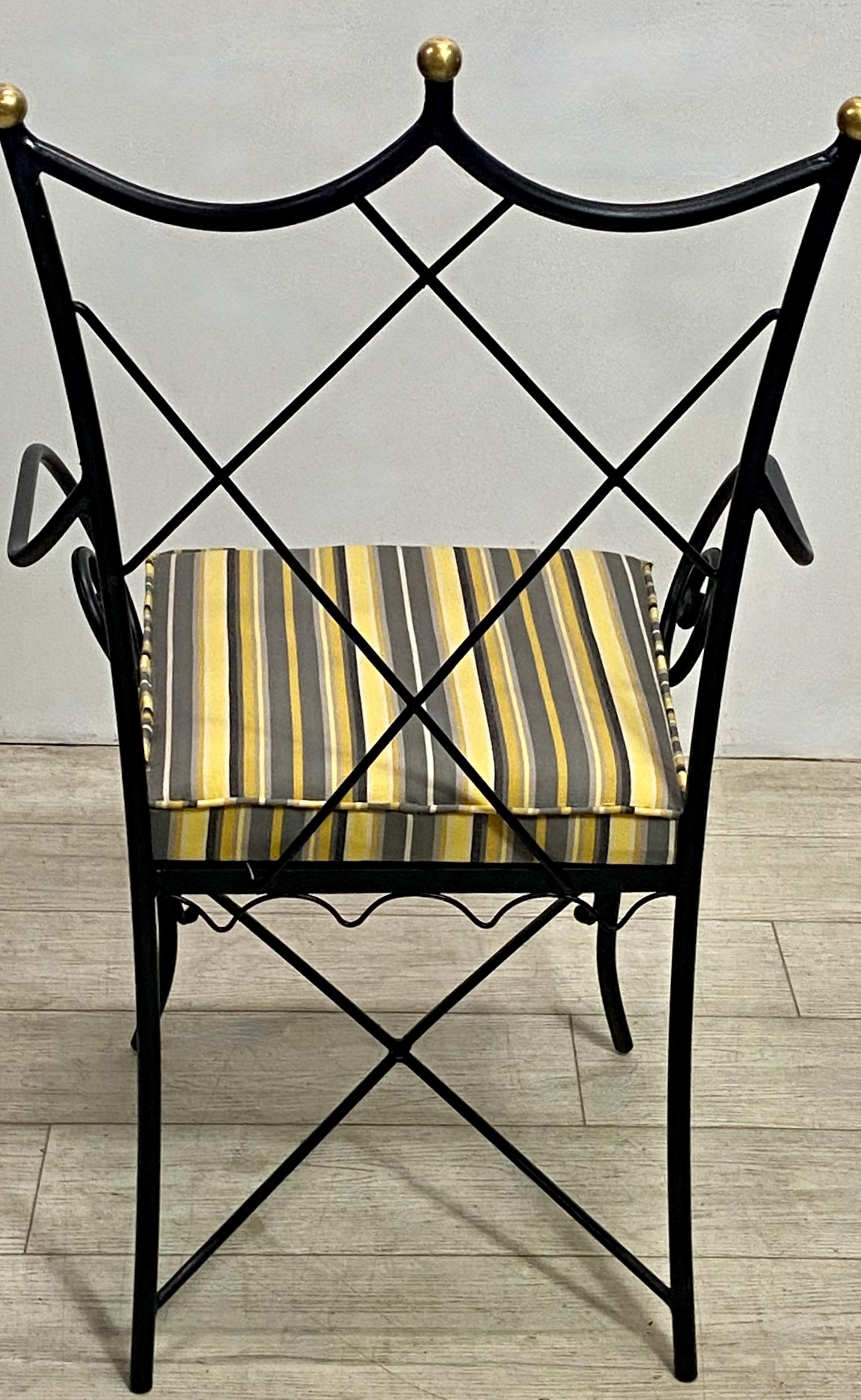 20th Century Mid Century Hollywood Regency Style Iron and Brass Patio Chairs, Set of 4 For Sale