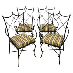 Mid Century Hollywood Regency Style Iron and Brass Patio Chairs, Set of 4