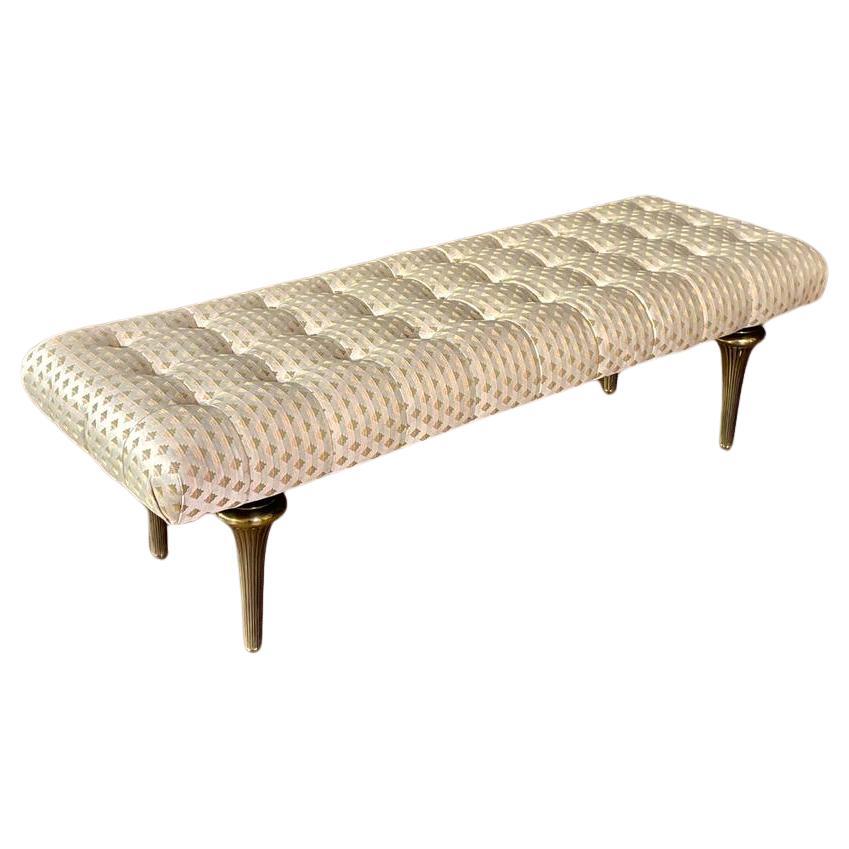 Mid-Century Hollywood Regency Tufted Bench w/ Brass Fluted Legs