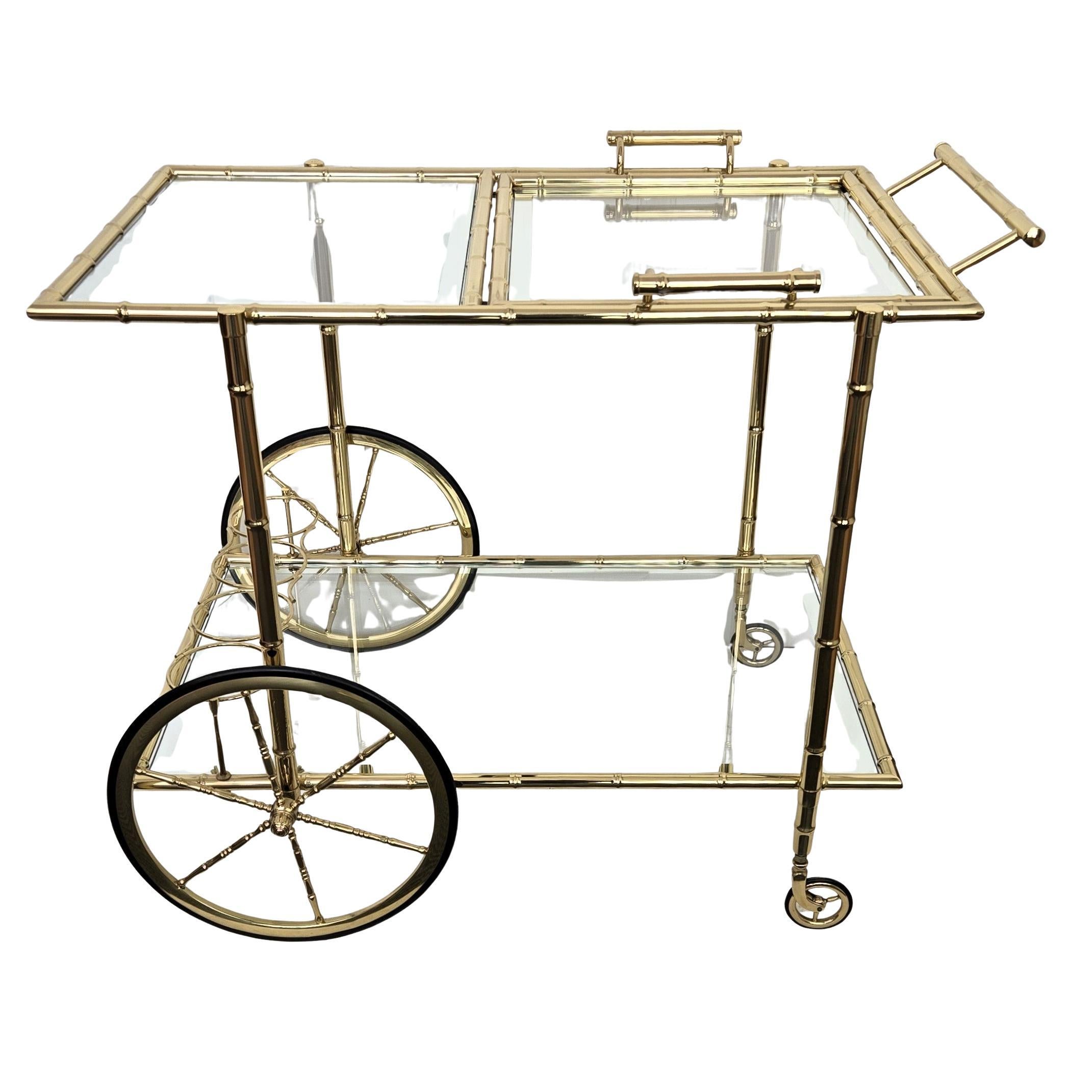Mid-Century Hollywood Regency Two-Tier Brass and Glass Bar Cart, Italy, 1970s