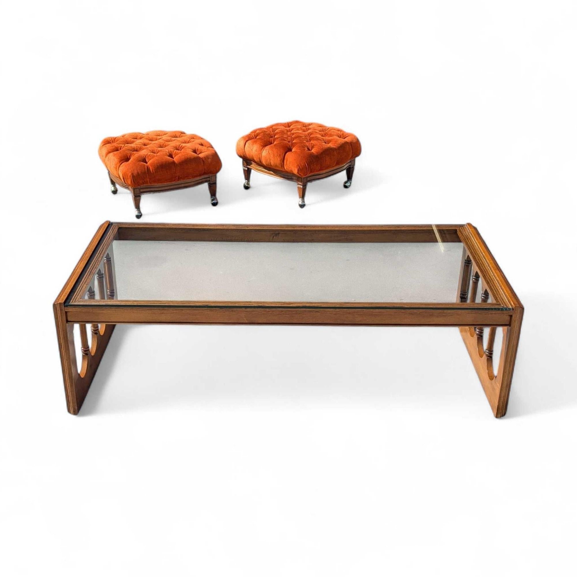 Table basse à plateau en verre, finition noyer, Hollywood Regency, milieu du siècle en vente 5