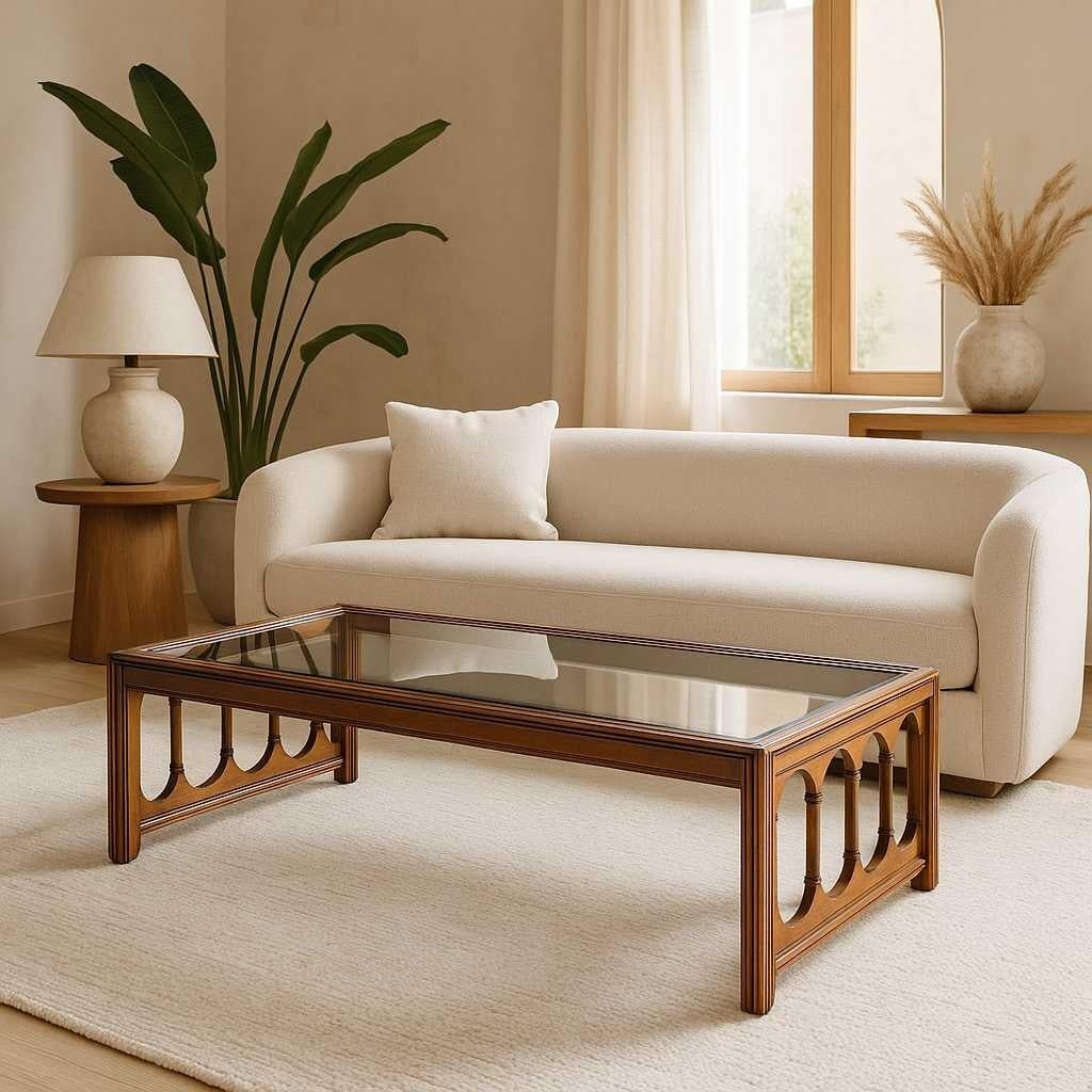 Inconnu Table basse à plateau en verre, finition noyer, Hollywood Regency, milieu du siècle en vente