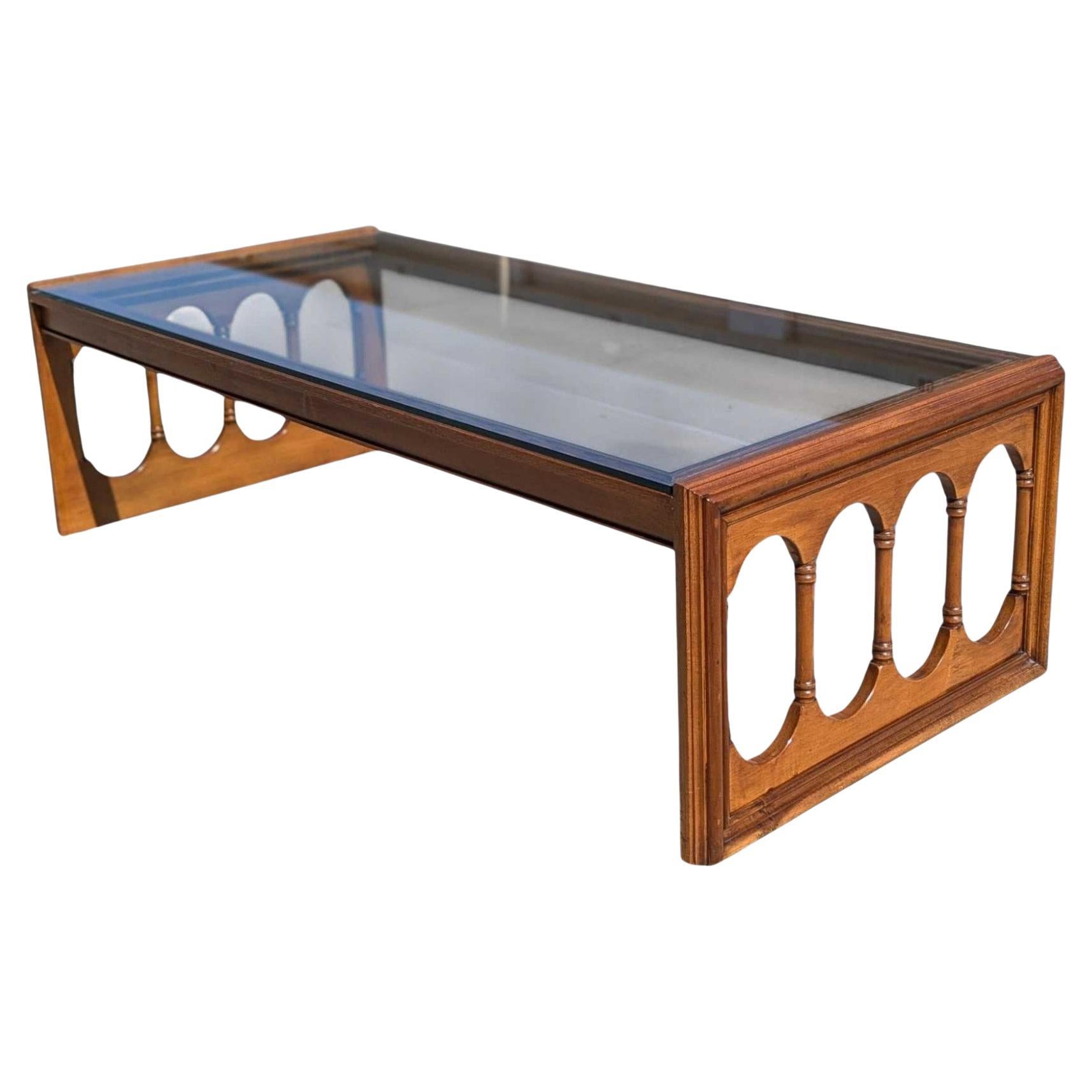 Mid-Century Hollywood Regency Walnut Finish Glass Top Coffee Table