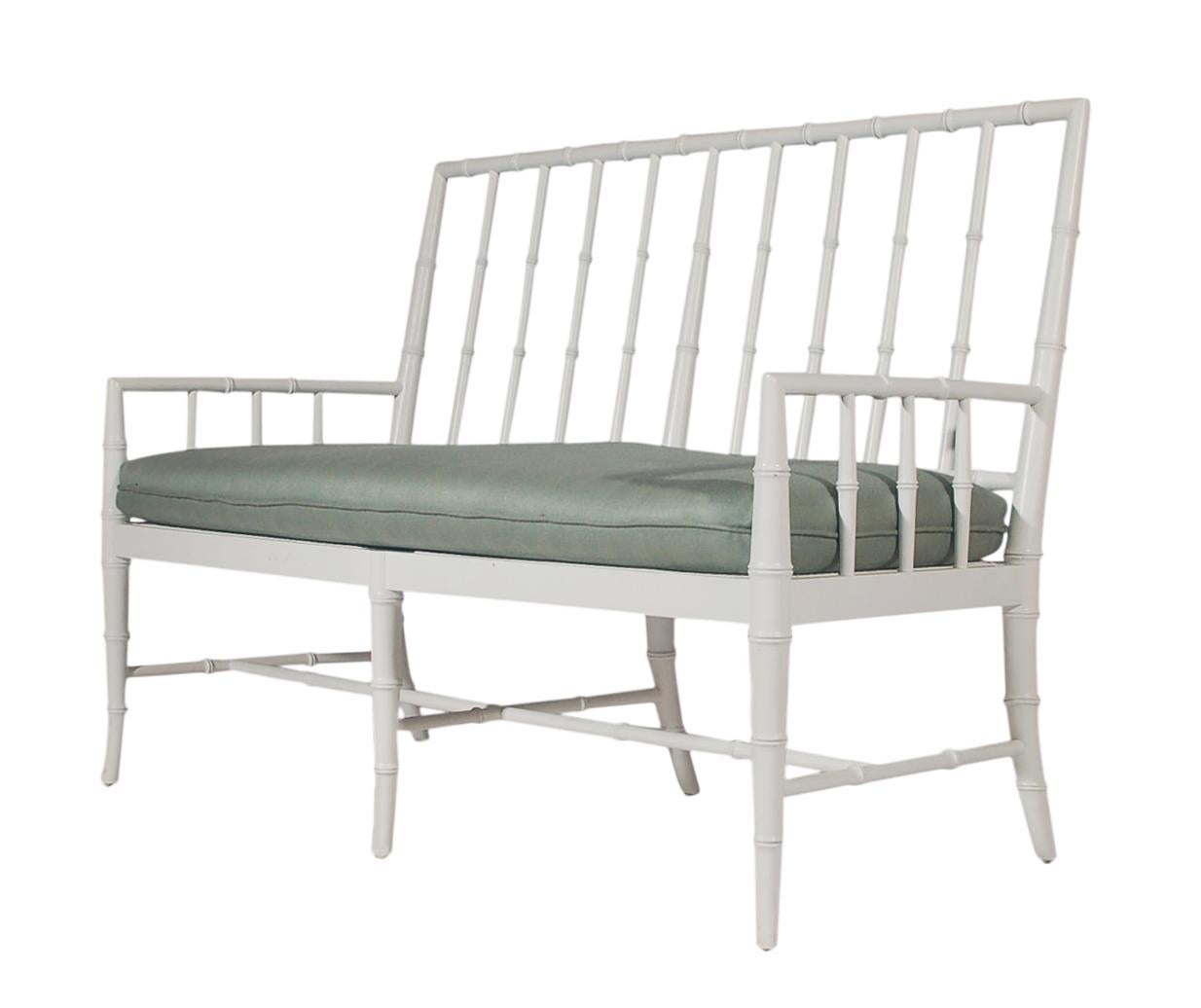 Fabric Mid Century Hollywood Regency White Faux Rattan Bamboo & Cane Settee or Sofa For Sale