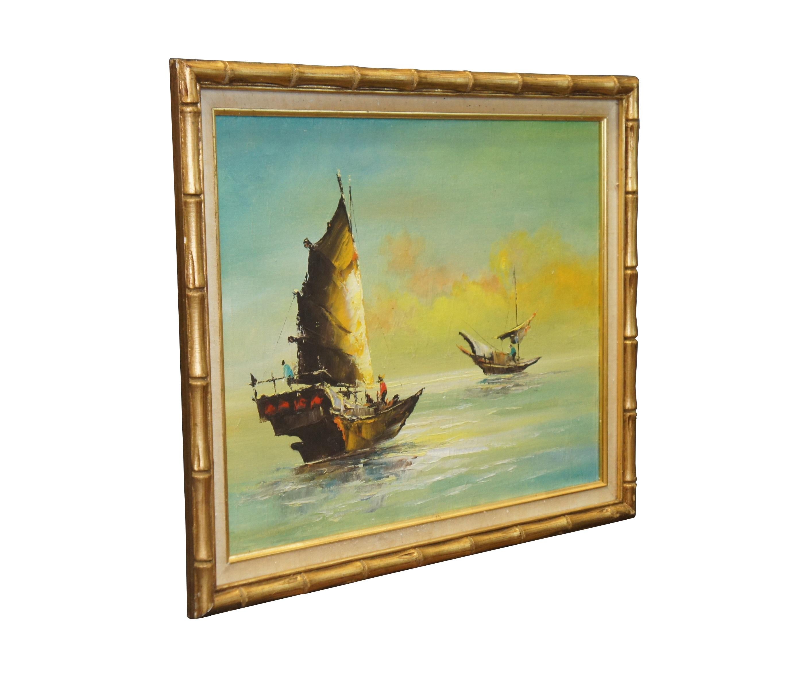 Chinoiserie Mid Century Hong Kong Nautical Seascape Fishing Junk Boats Oil Painting 28