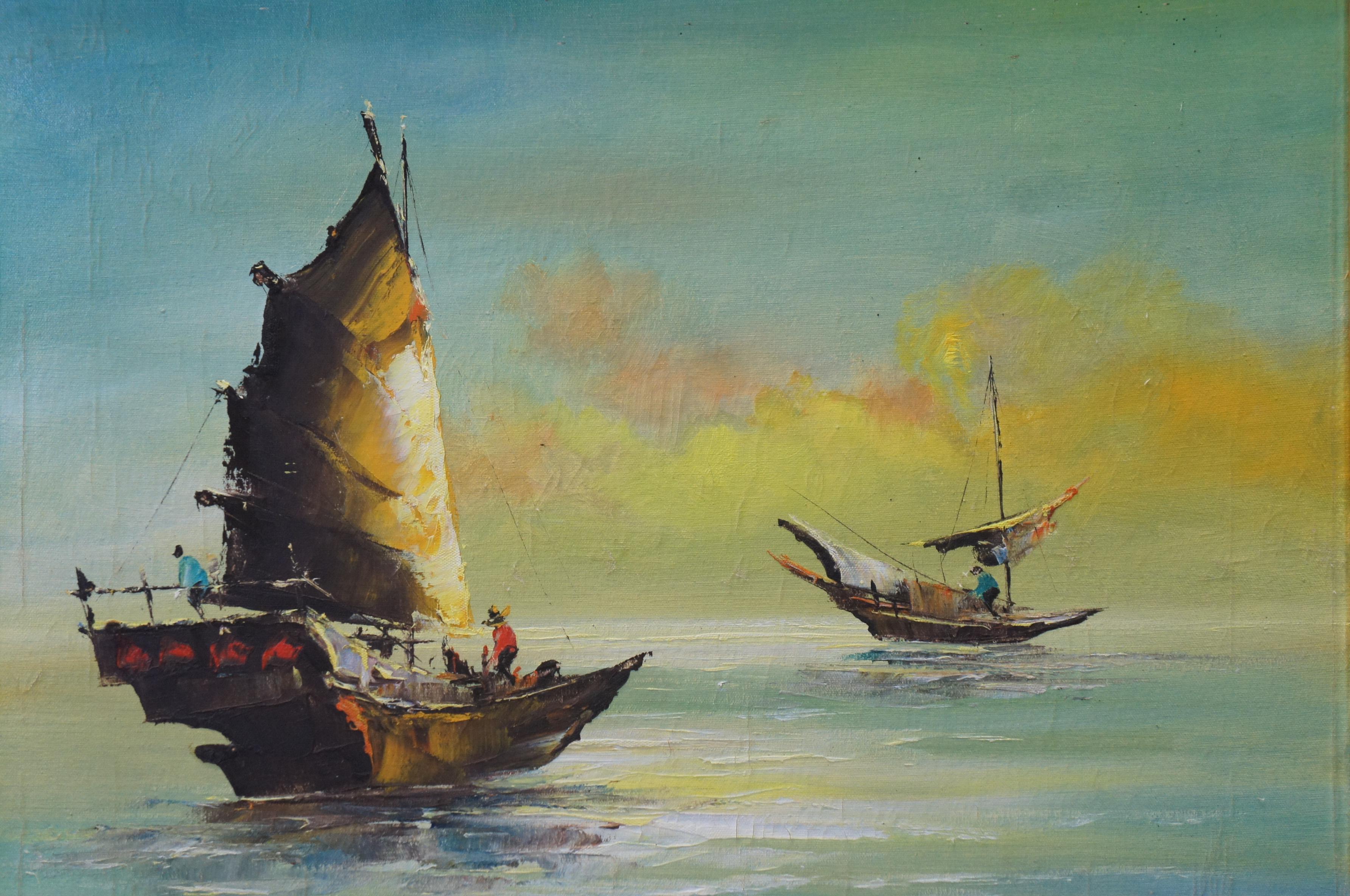 Mid Century Hong Kong Nautical Seascape Fishing Junk Boats Oil Painting 28