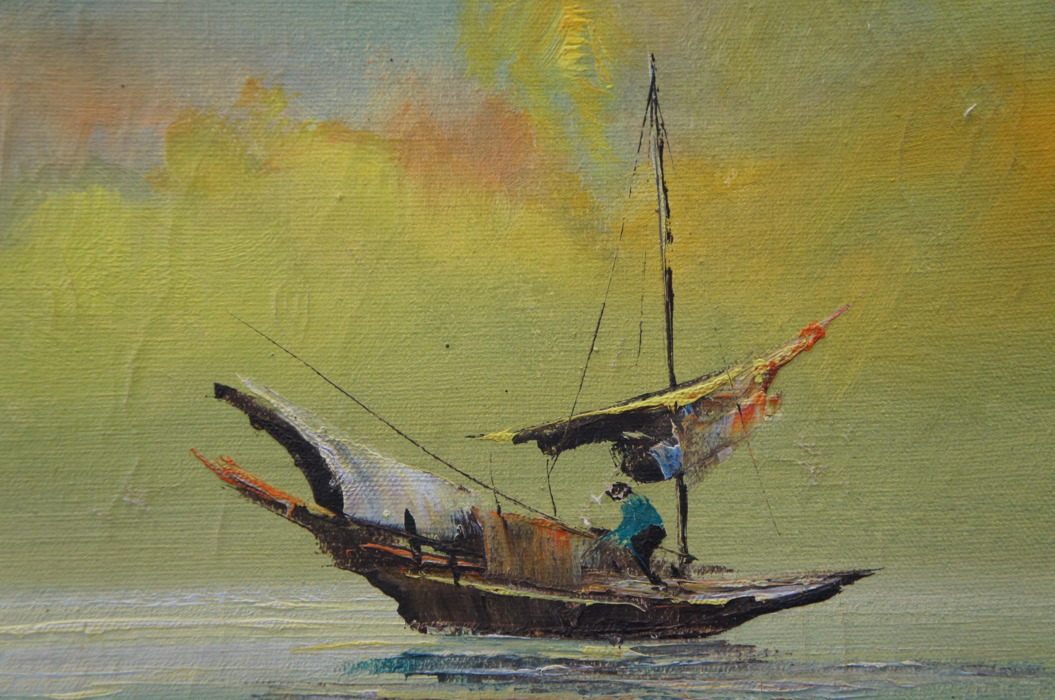 Canvas Mid Century Hong Kong Nautical Seascape Fishing Junk Boats Oil Painting 28