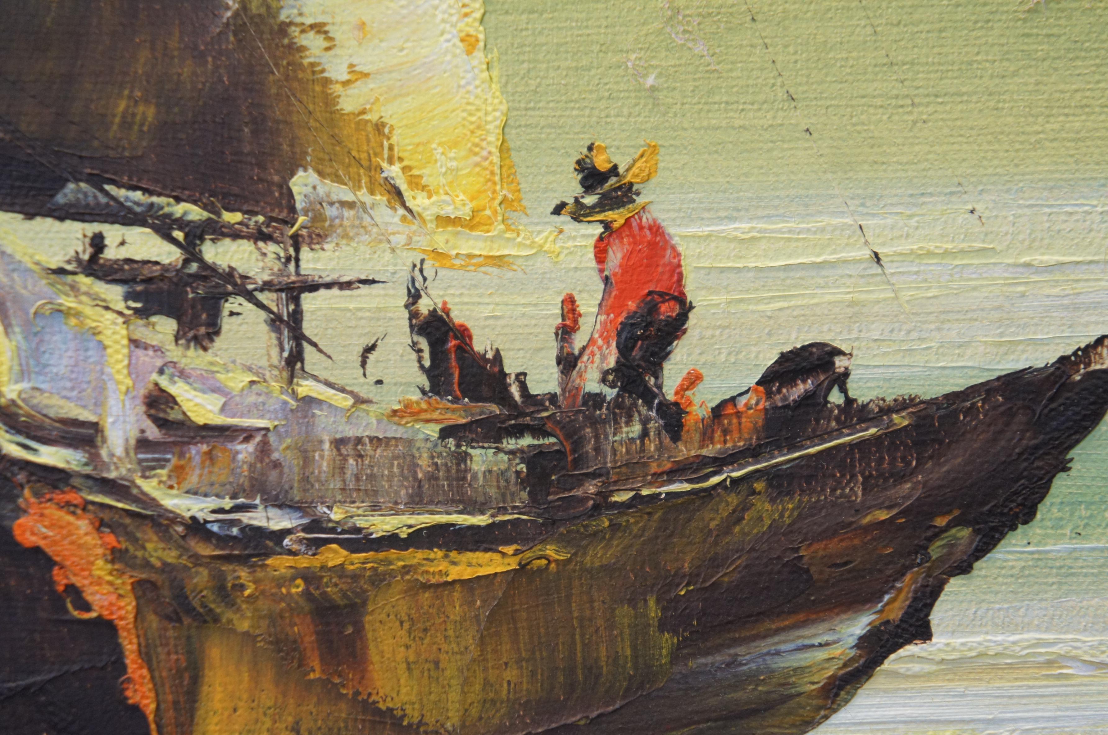 Mid Century Hong Kong Nautical Seascape Fishing Junk Boats Oil Painting 28