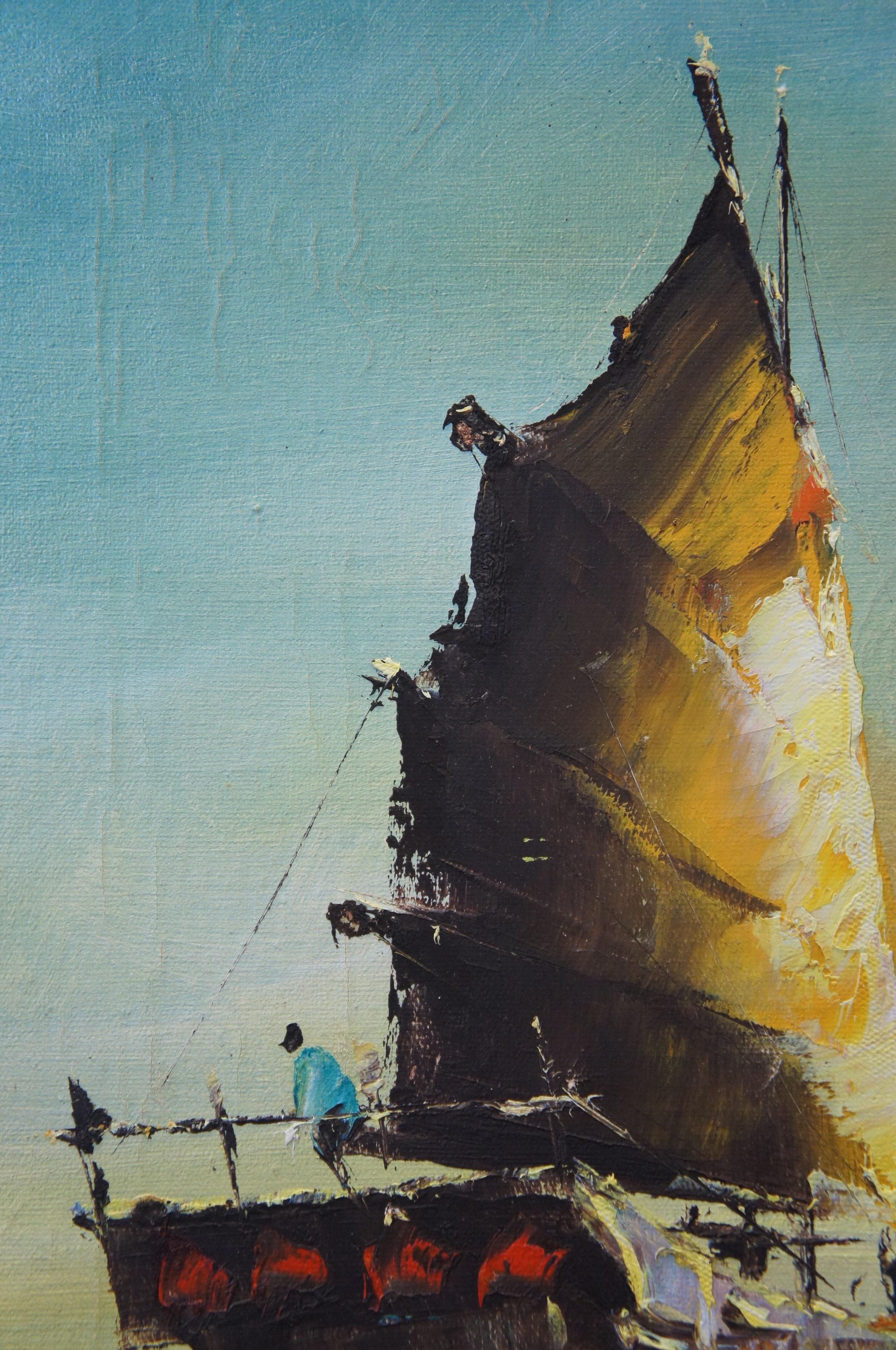 Mid Century Hong Kong Nautical Seascape Fishing Junk Boats Oil Painting 28