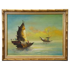 Mid Century Hong Kong Nautical Seascape Fishing Junk Boats Oil Painting 28"