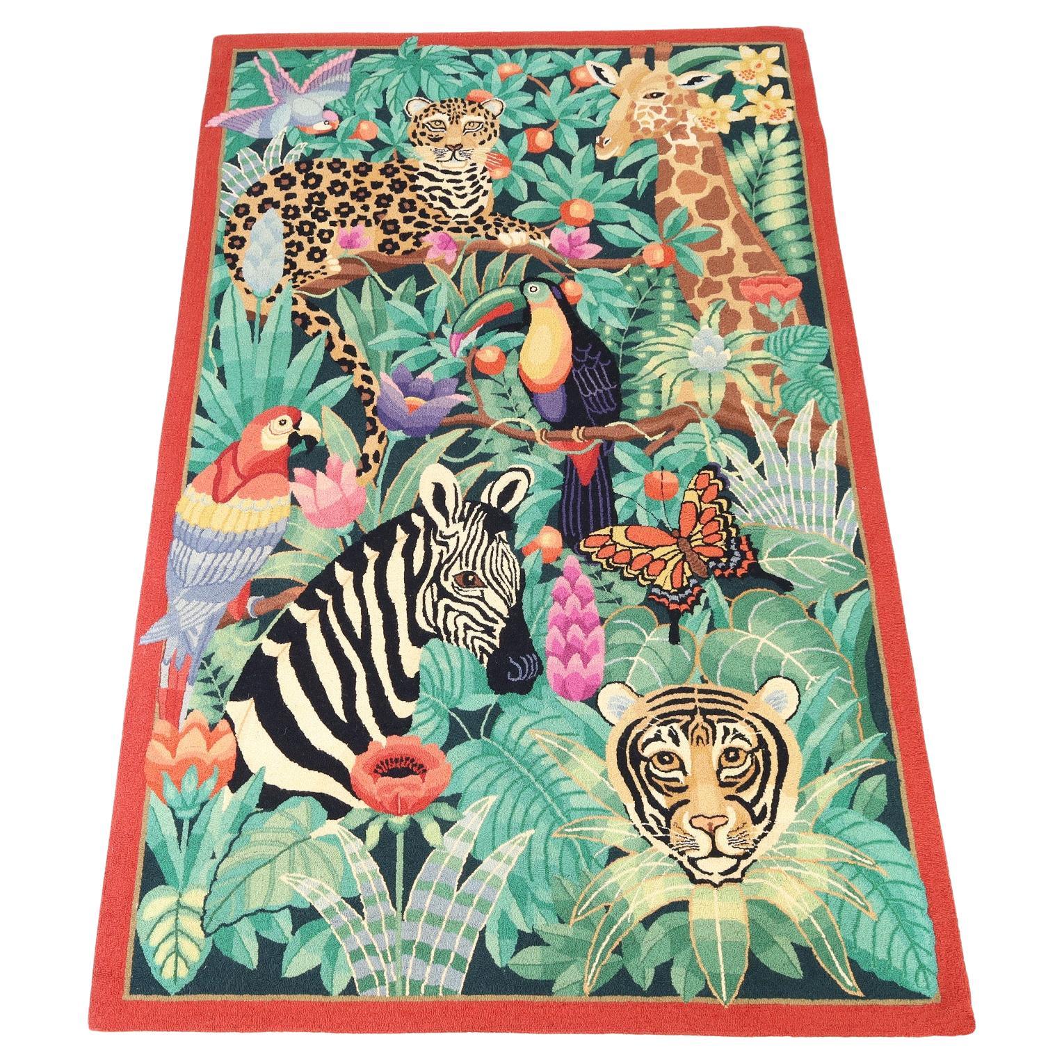 Mid-Century Hook Area Rug with Tropical  Birds and Animals For Sale