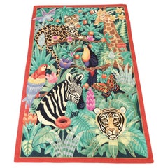 Mid-Century Hook Area Rug with Tropical  Birds and Animals