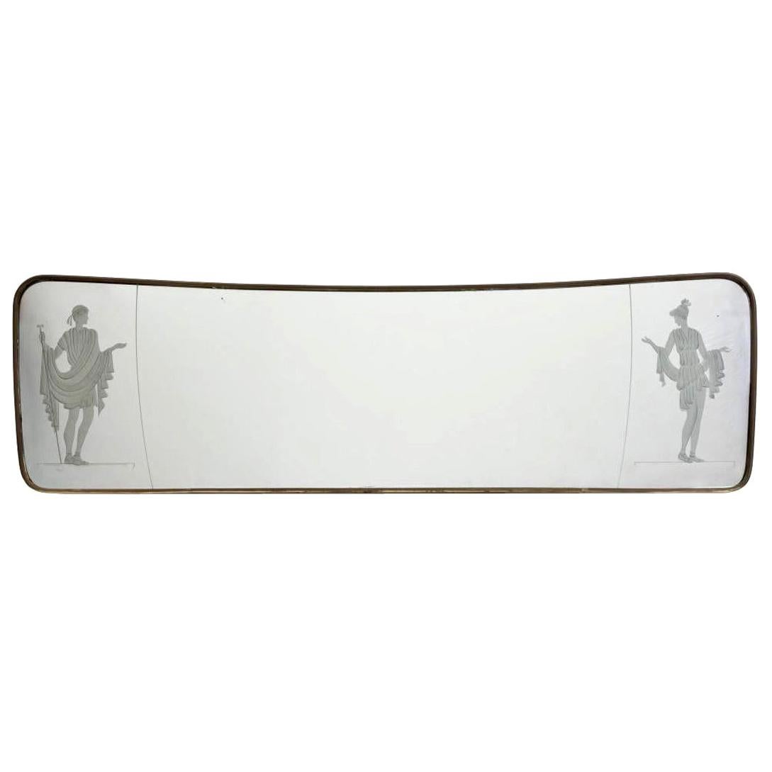Horizontal Organic Etched Brass Mirror, Italy, Mid-Century, manner of Borsani For Sale