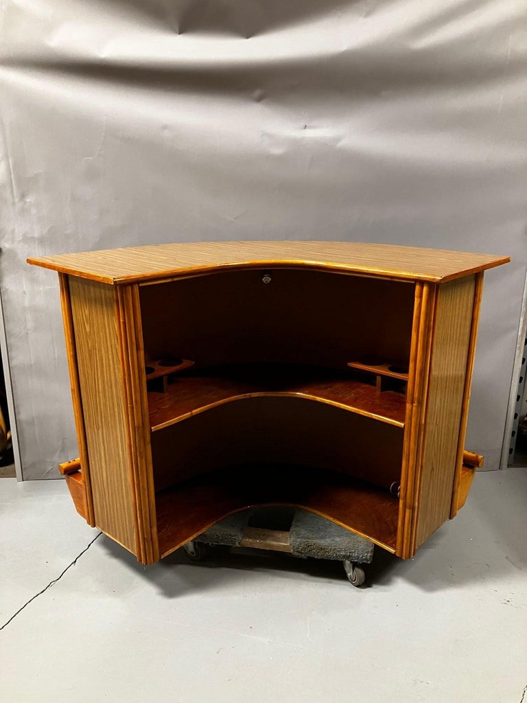 Mid Century Horizontal Stacked Restored Rattan Lshaped Dry Bar with