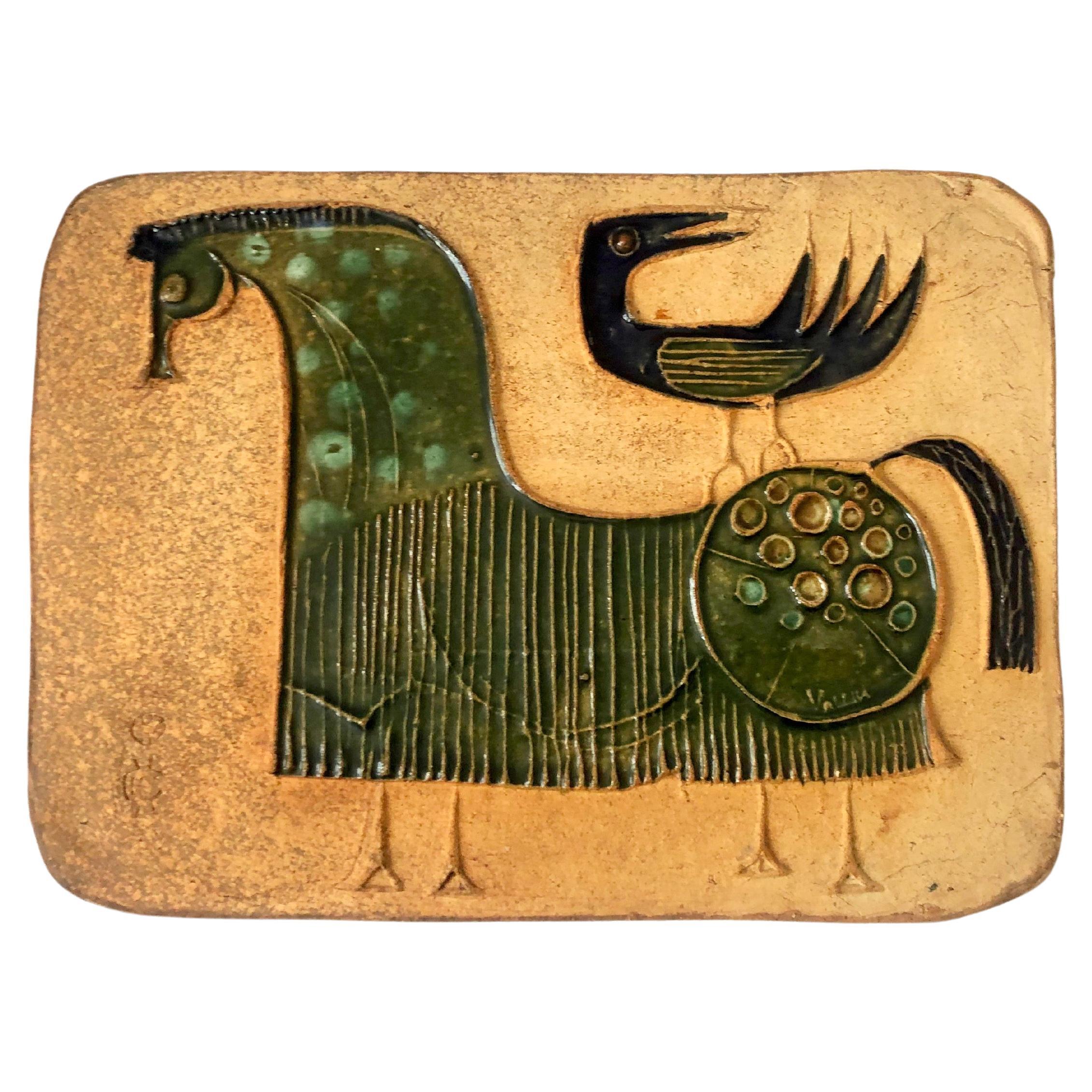Mid Century Horse and Bird Art Pottery Wall Hanging by Bertil Vallien