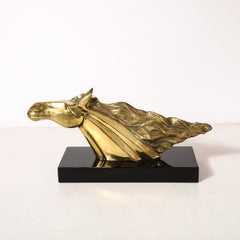 Mid-Century Horse Bust Sculpture w/ Flowing Mane in Polished Brass on Black Base